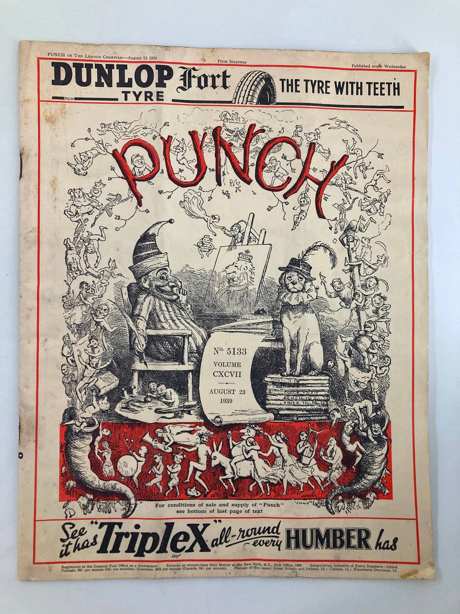 VTG Punch Magazine August 23 1939 #5133 Vol 197 WWII Cartoon & Humour No Label