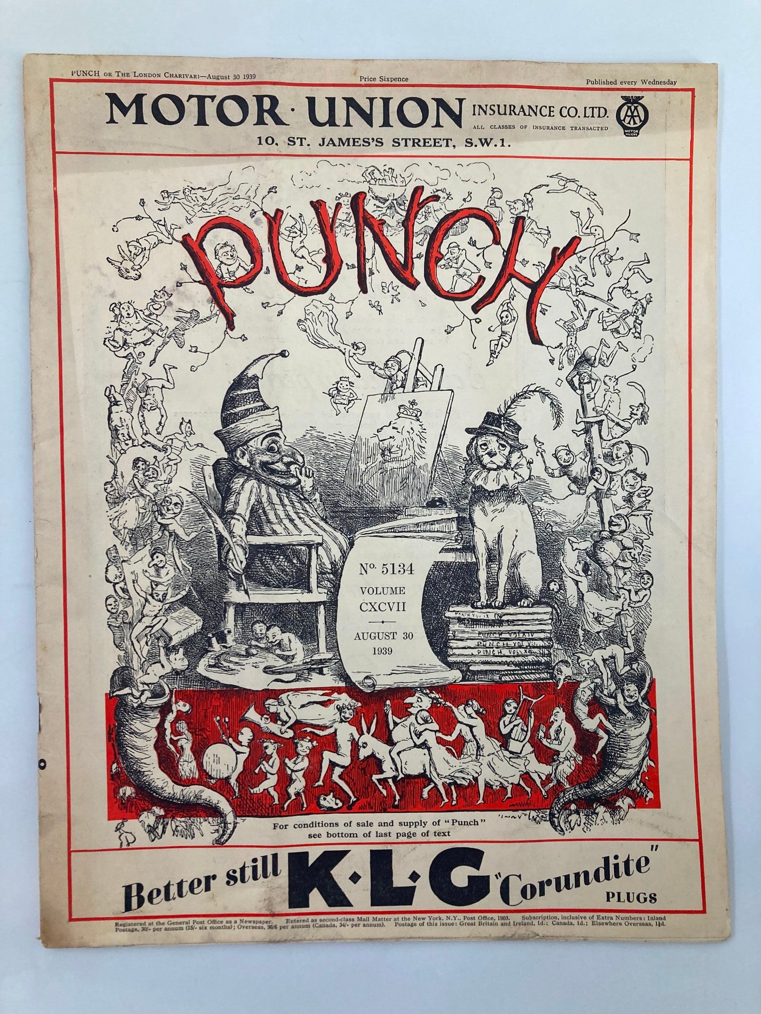 VTG Punch Magazine August 30 1939 #5134 Vol 197 WWII Cartoon & Humour No Label