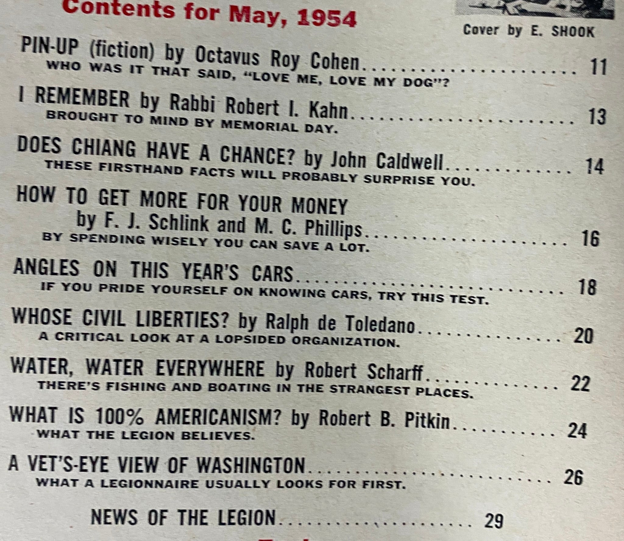 Table of contents for The American Legion Magazine May 1954 listing featured articles including Memorial Day reflections and civil liberties discussion.