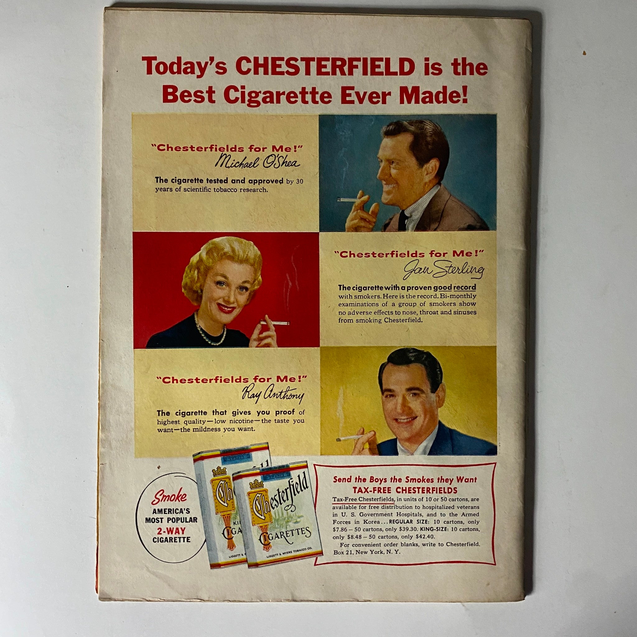 Vintage advertisement for Chesterfield cigarettes from The American Legion Magazine May 1954 showcasing popular figures endorsing the brand.