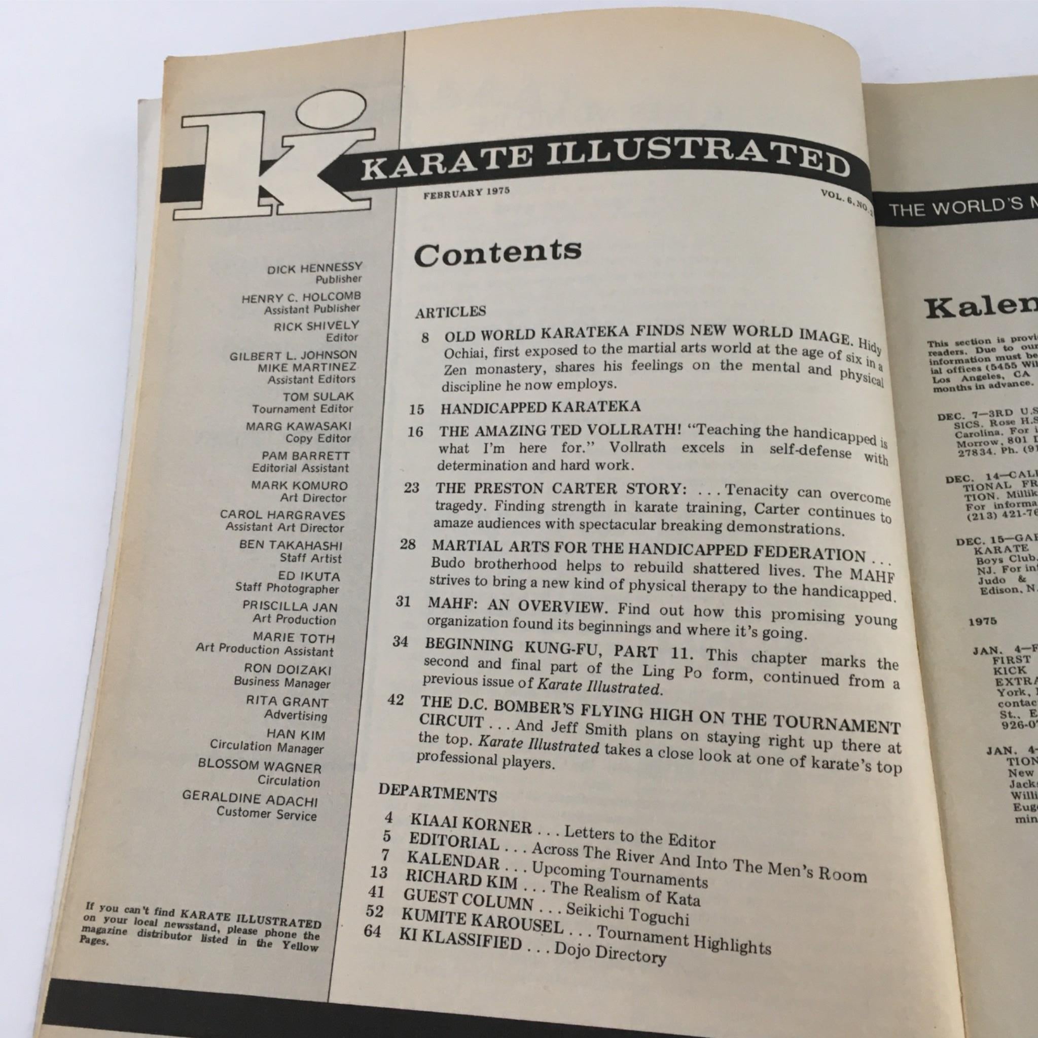 Contents page of Karate Illustrated Magazine February 1975 listing articles including 'Old World Karateka Finds New World Image' and 'Handicapped Karateka', showcasing the magazine's focus on martial arts history and techniques.