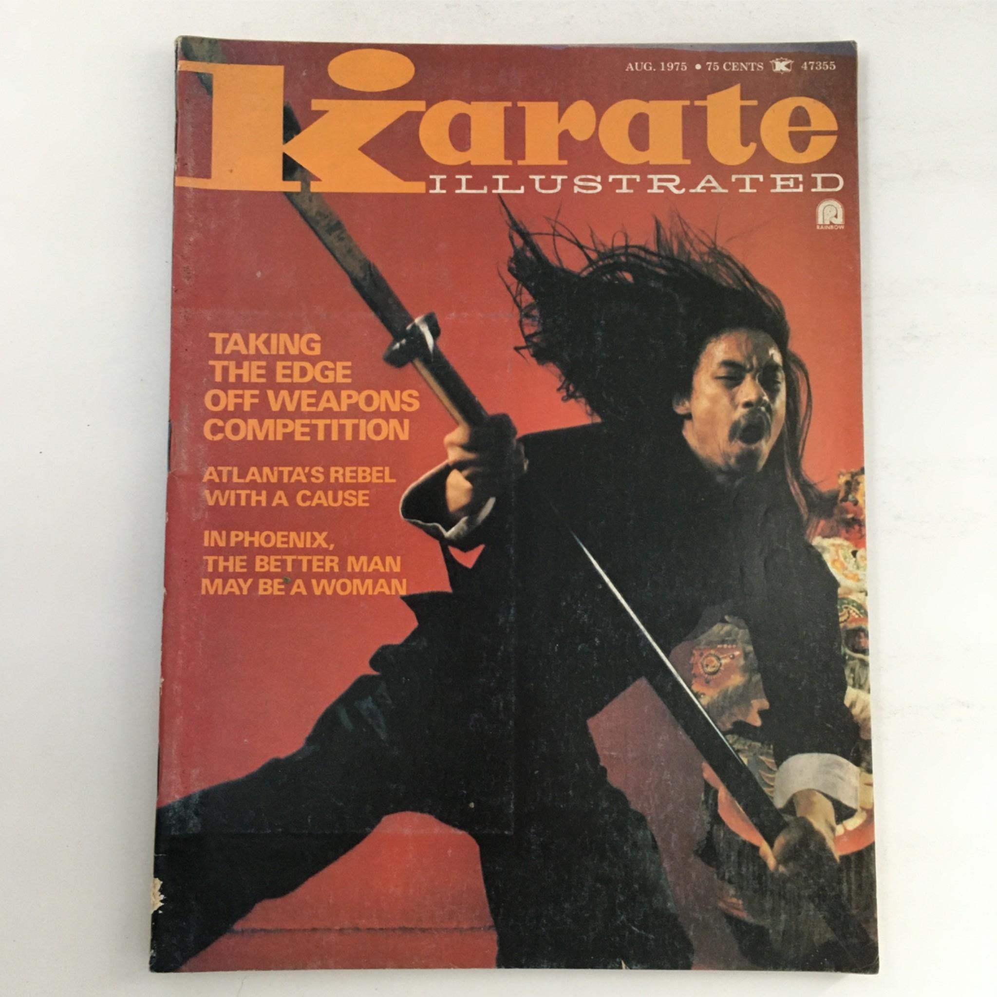 Cover of Karate Illustrated Magazine August 1975 featuring martial artist in action, showcasing the title and themes of the issue, including insights from Flem Evans and Joe Corley.