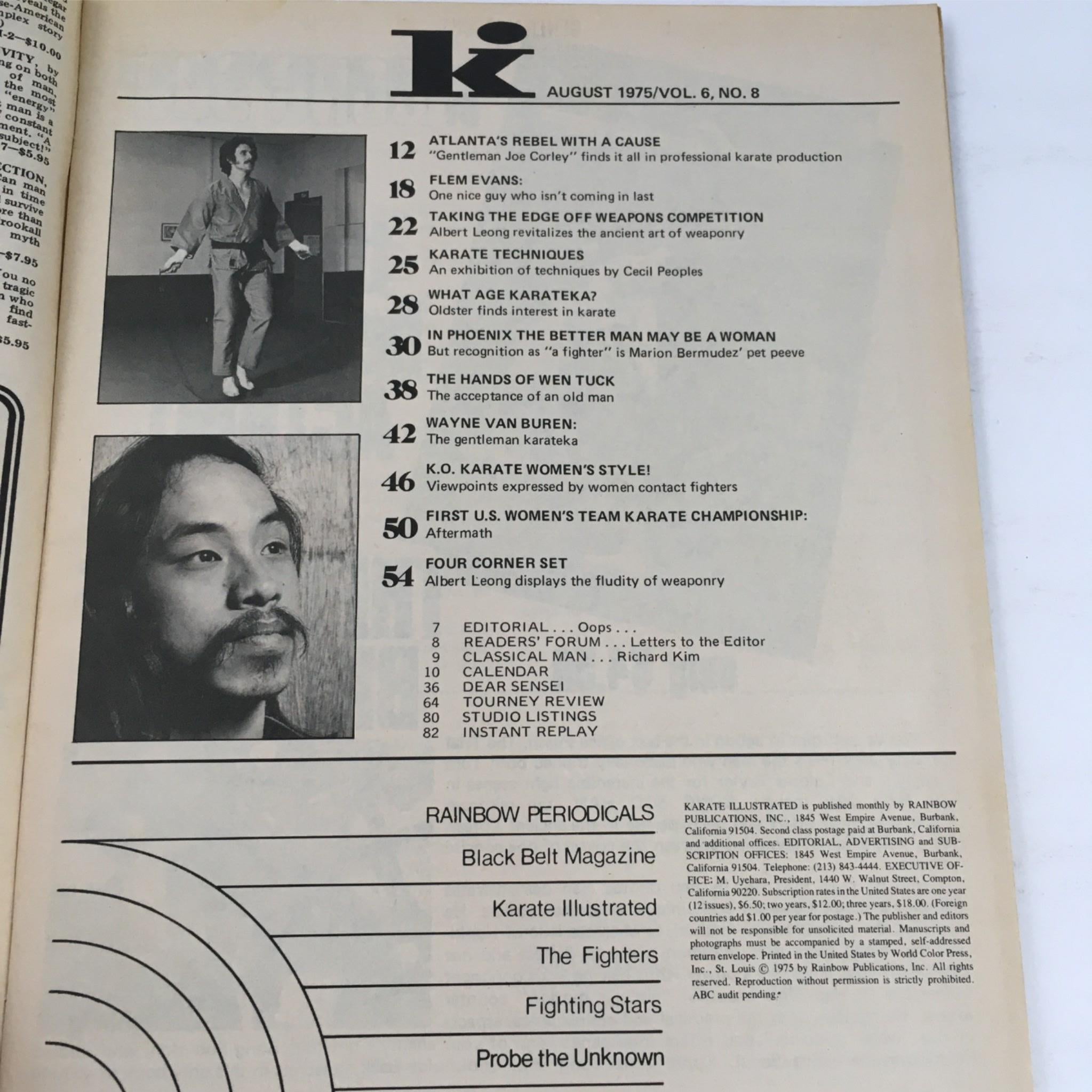 Inside page of Karate Illustrated Magazine August 1975 showcasing the table of contents, highlighting articles such as 'Atlanta's Rebel with a Cause' and 'Taking the Edge Off Weapons Competition'.