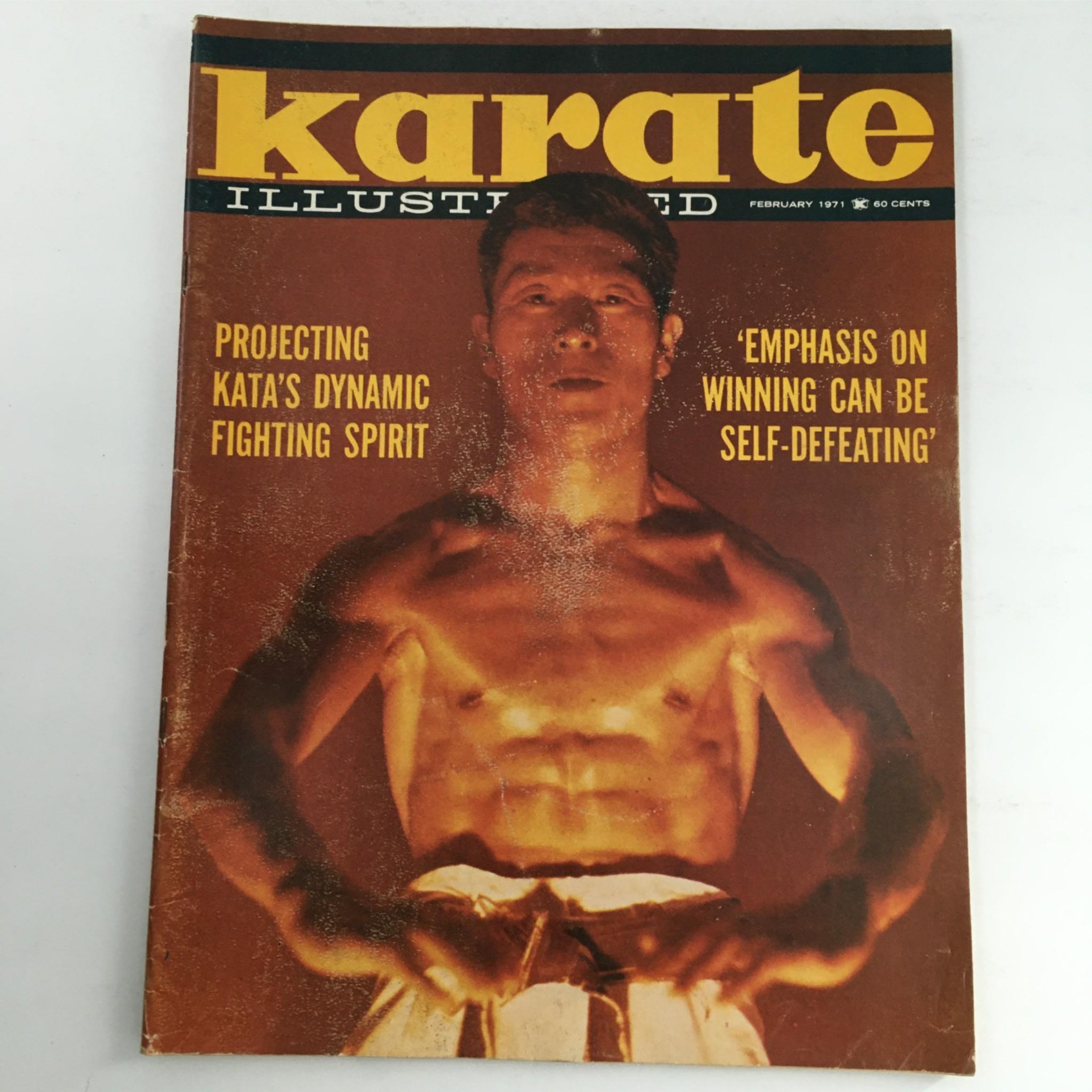 Cover of Karate Illustrated Magazine February 1971 featuring a dynamic image of a martial artist, highlighting themes of fighting spirit and self-defense. This issue includes features on Kiyoshi Yamazaki and Fumio Demura.