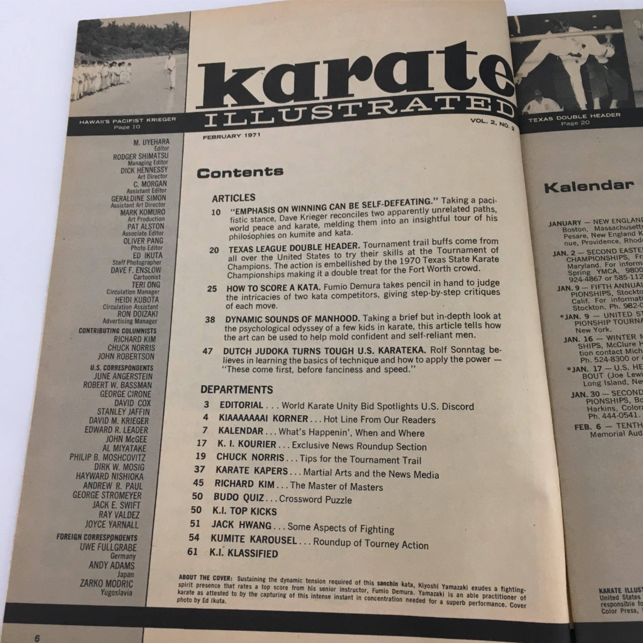 Table of contents from Karate Illustrated Magazine February 1971, showcasing articles on karate techniques and philosophies, including 'Emphasis on Winning Can Be Self-Defeating' and insights from renowned martial artists.