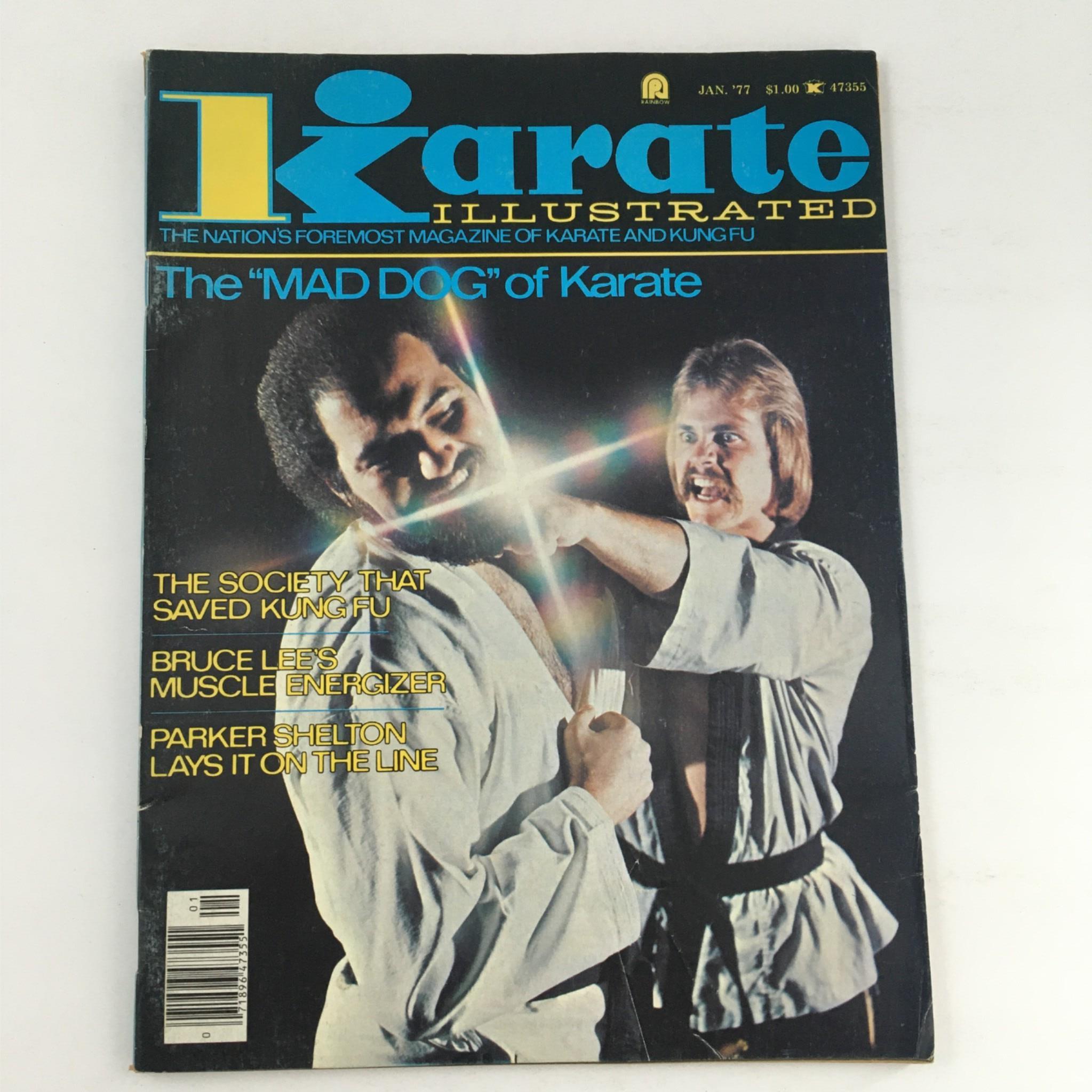 Cover of Karate Illustrated Magazine January 1977 featuring martial artists in action, highlighting articles about Mike Cass, Chong Lee, and Il Joo Kim. The magazine showcases the sports culture of karate and kung fu with vibrant colors and action imagery.