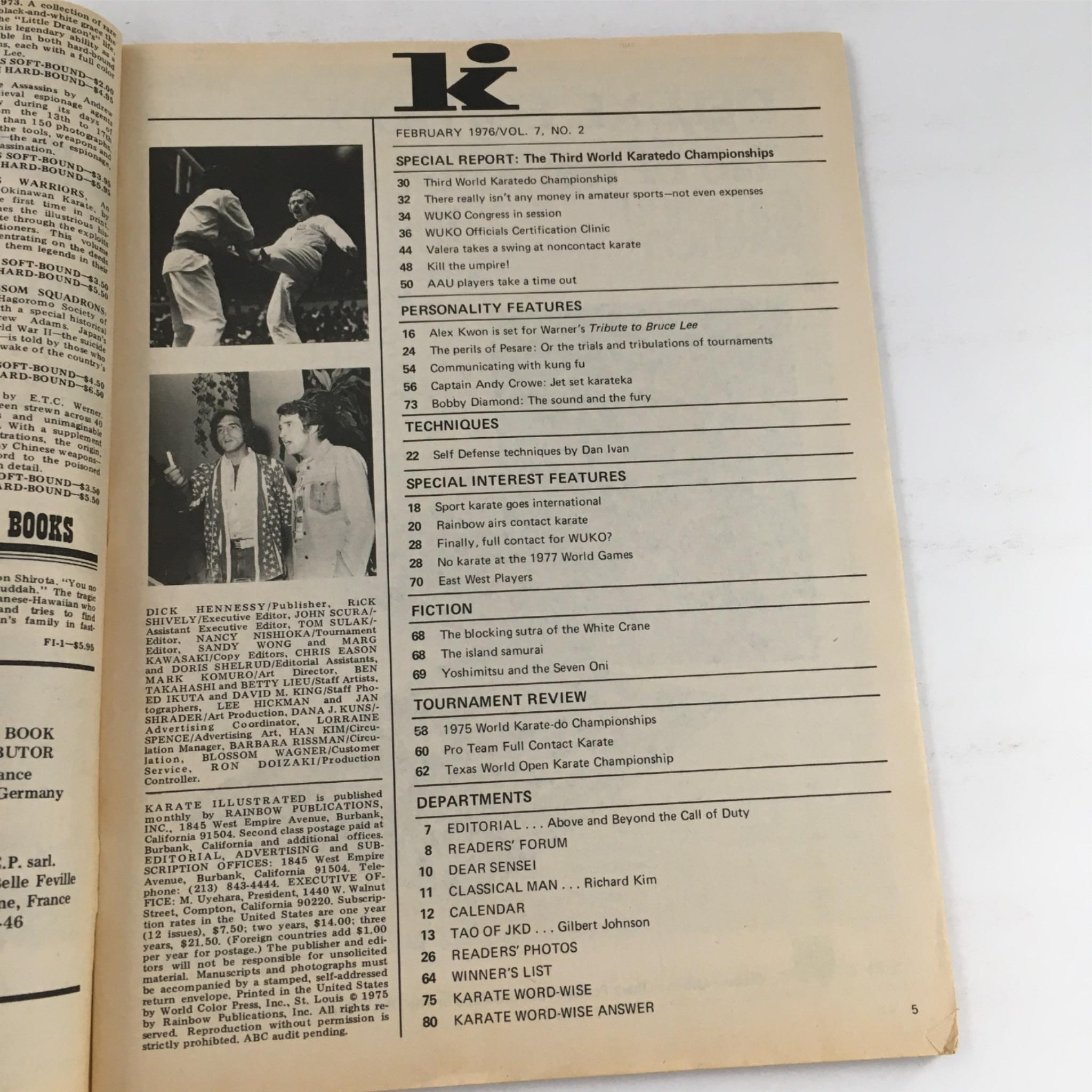 Inside page of Karate Illustrated Magazine February 1976 showcasing the table of contents, highlighting articles on the Third World Karate Championships and featuring personalities like Alex Kwon and Andy Crowe.