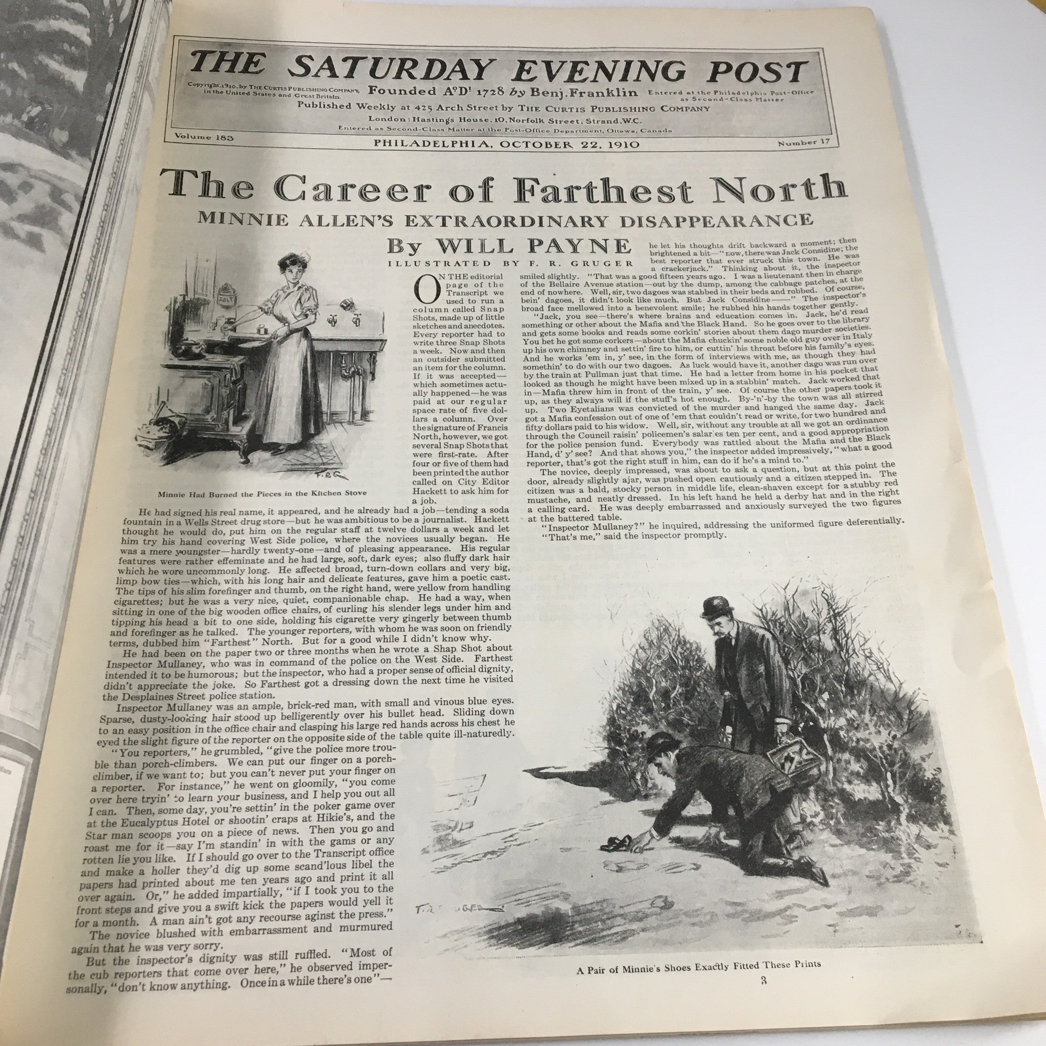 The Saturday Evening Post October 22 1910 featuring an article titled 'The Career of Farthest North' by Will Payne, showcasing a black and white illustration and detailed text.