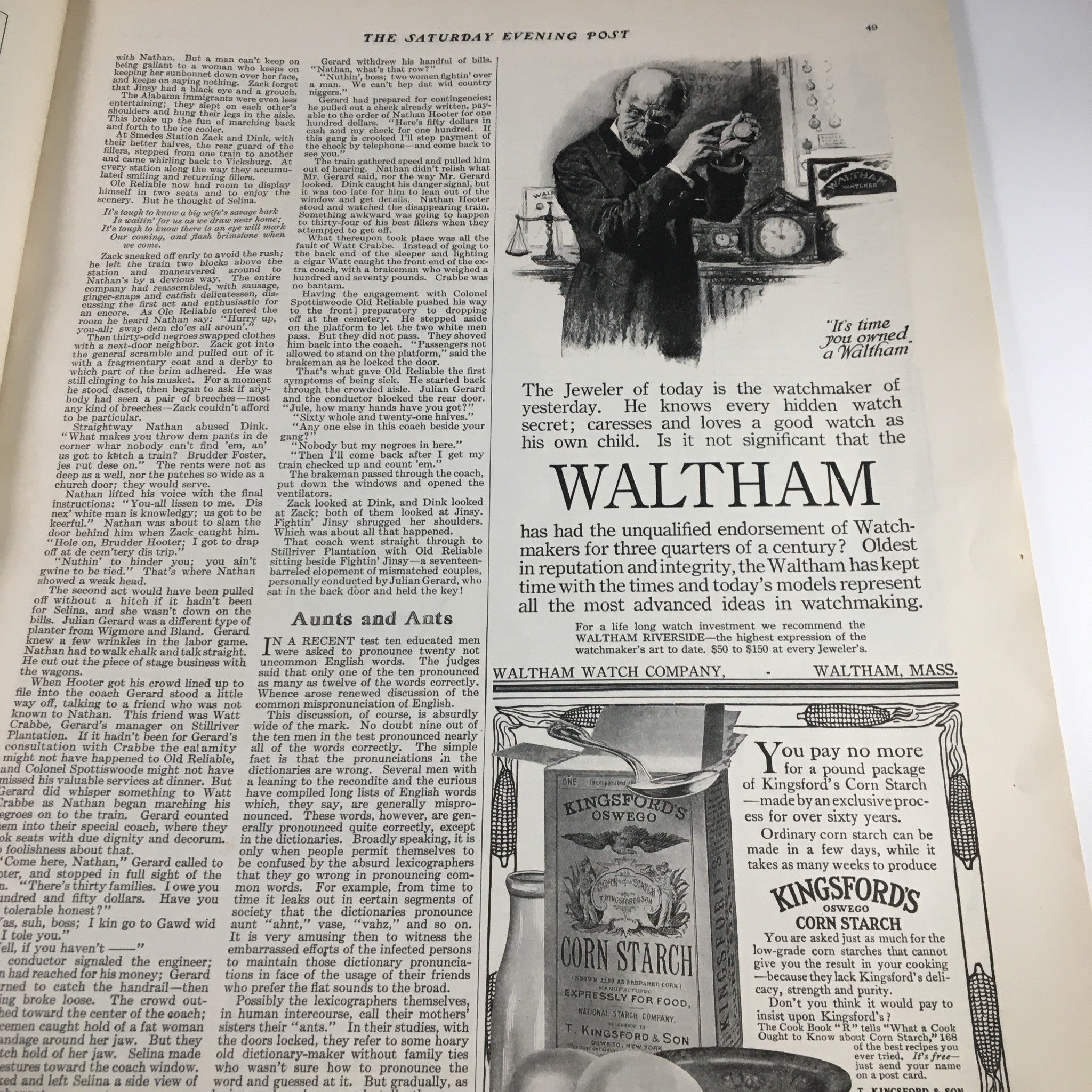 The Saturday Evening Post October 22 1910 highlighting an advertisement for the Waltham Watch Company alongside a discussion on the watchmaking industry, reflecting the historical context of the magazine's era.