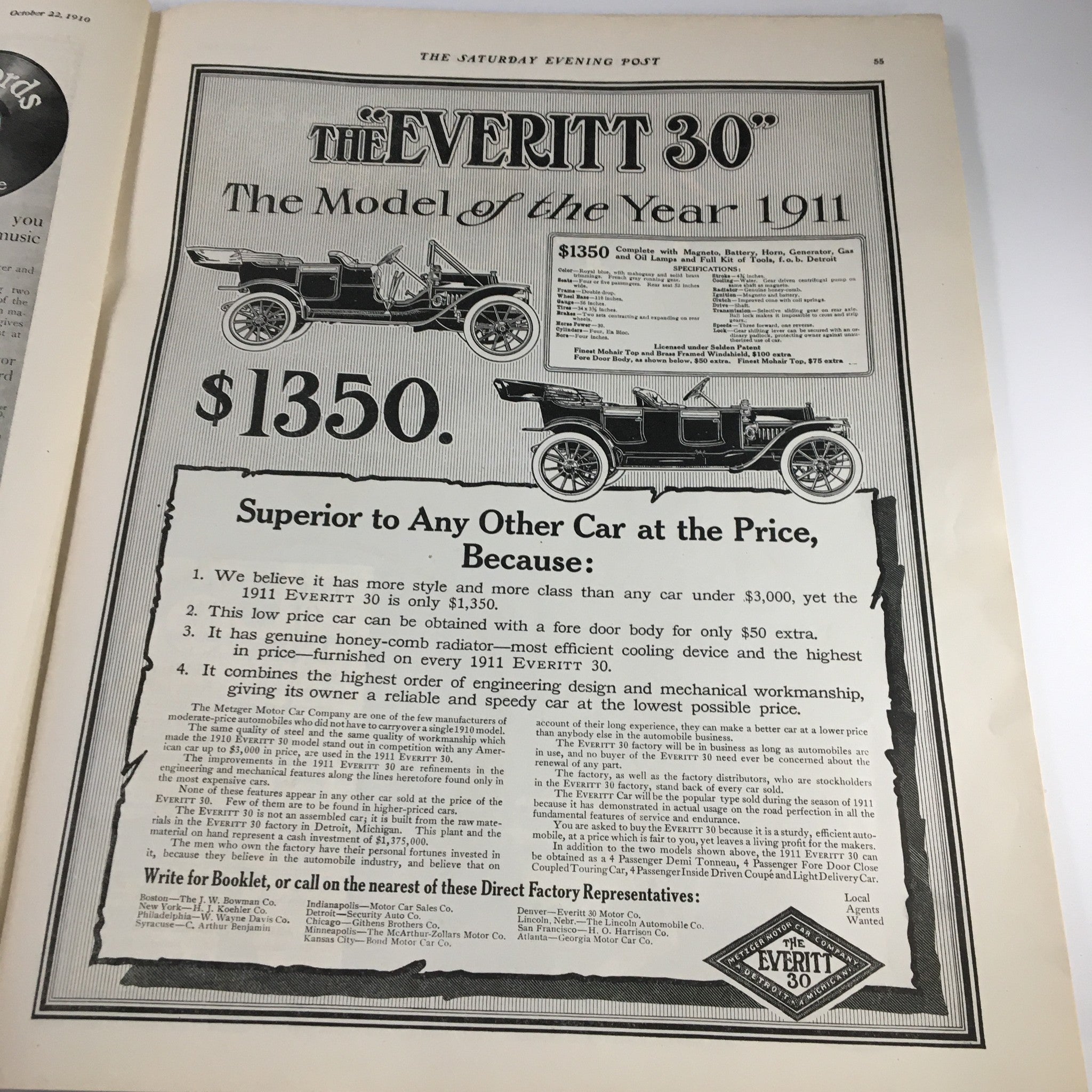 The Saturday Evening Post October 22 1910 In The Old Days of The Old Lyceum, showcasing the Everit 30 car advertisement for 1911 with price details.