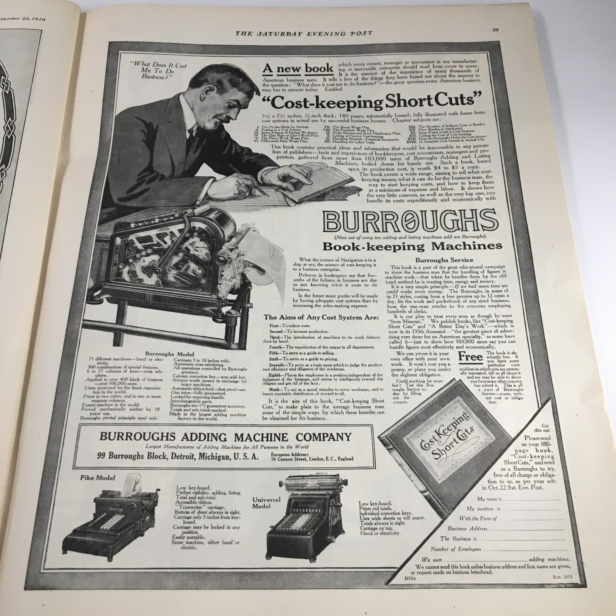 The Saturday Evening Post October 22 1910 In The Old Days of The Old Lyceum, displaying an advertisement for Burroughs Book-keeping Machines with illustrations and text.