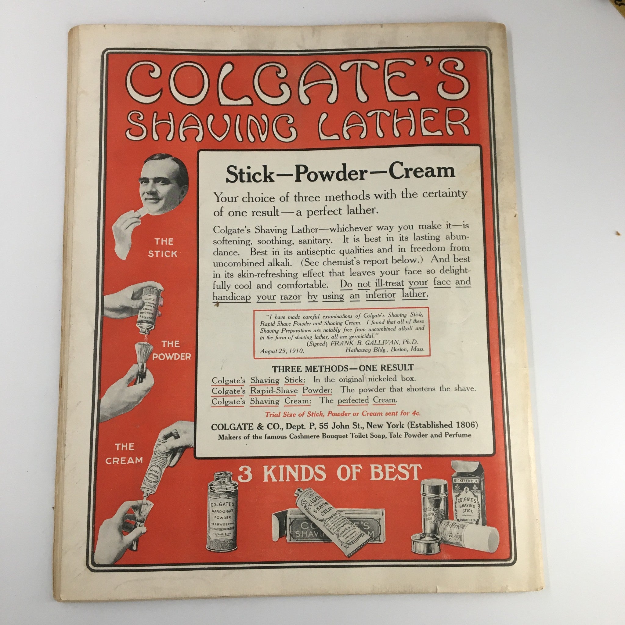 The Saturday Evening Post October 22 1910 In The Old Days of The Old Lyceum, featuring Colgate's Shaving Lather advertisement highlighting various shaving product options.