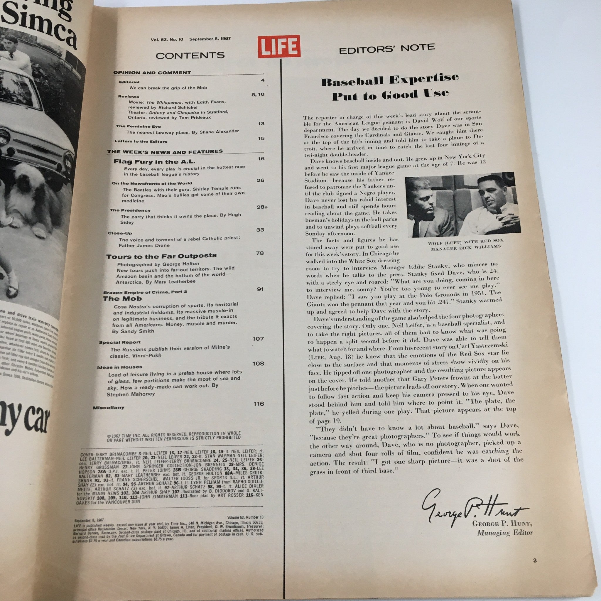 VTG Life Magazine September 8 1967 Carl Yastrzemski Boston's Slugger