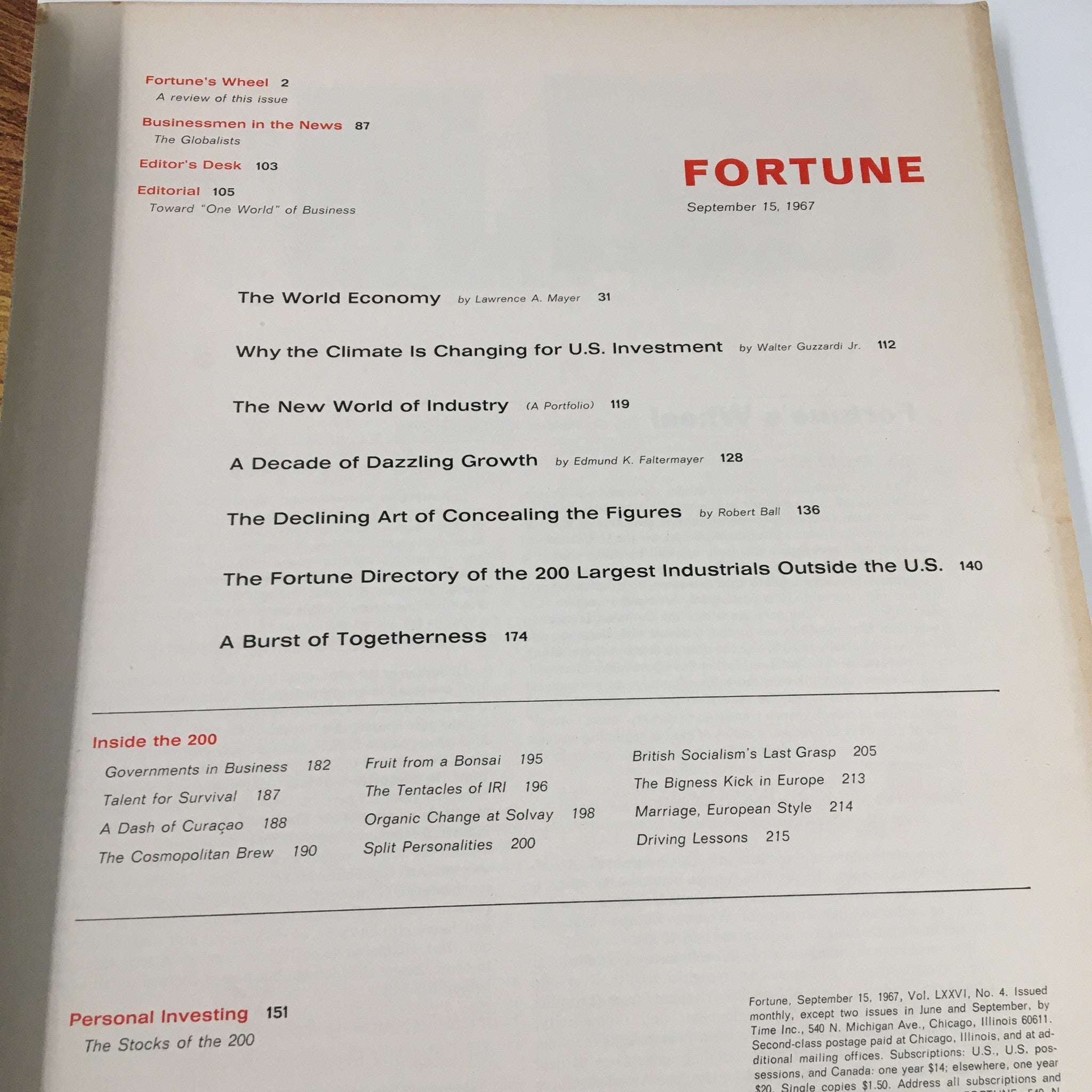 VTG Fortune Magazine September 15 1967 Top 200 Industrials Outside U.S. No Label