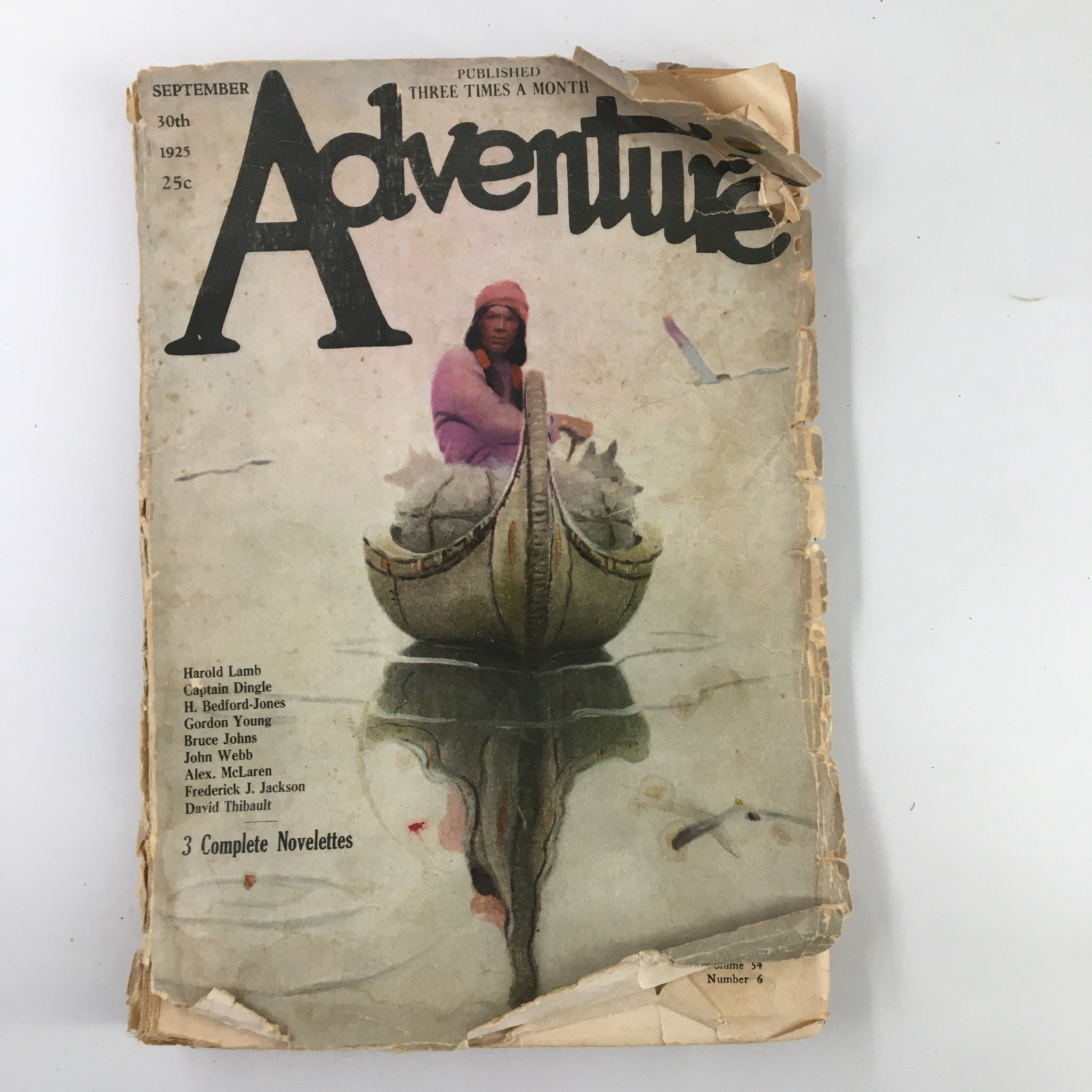 Cover of VTG Adventure Magazine September 30 1925 featuring a vintage illustration with a woman in a canoe, representing the novel 'A White Man's Nigger'. Historical collectible from Original Magazines.