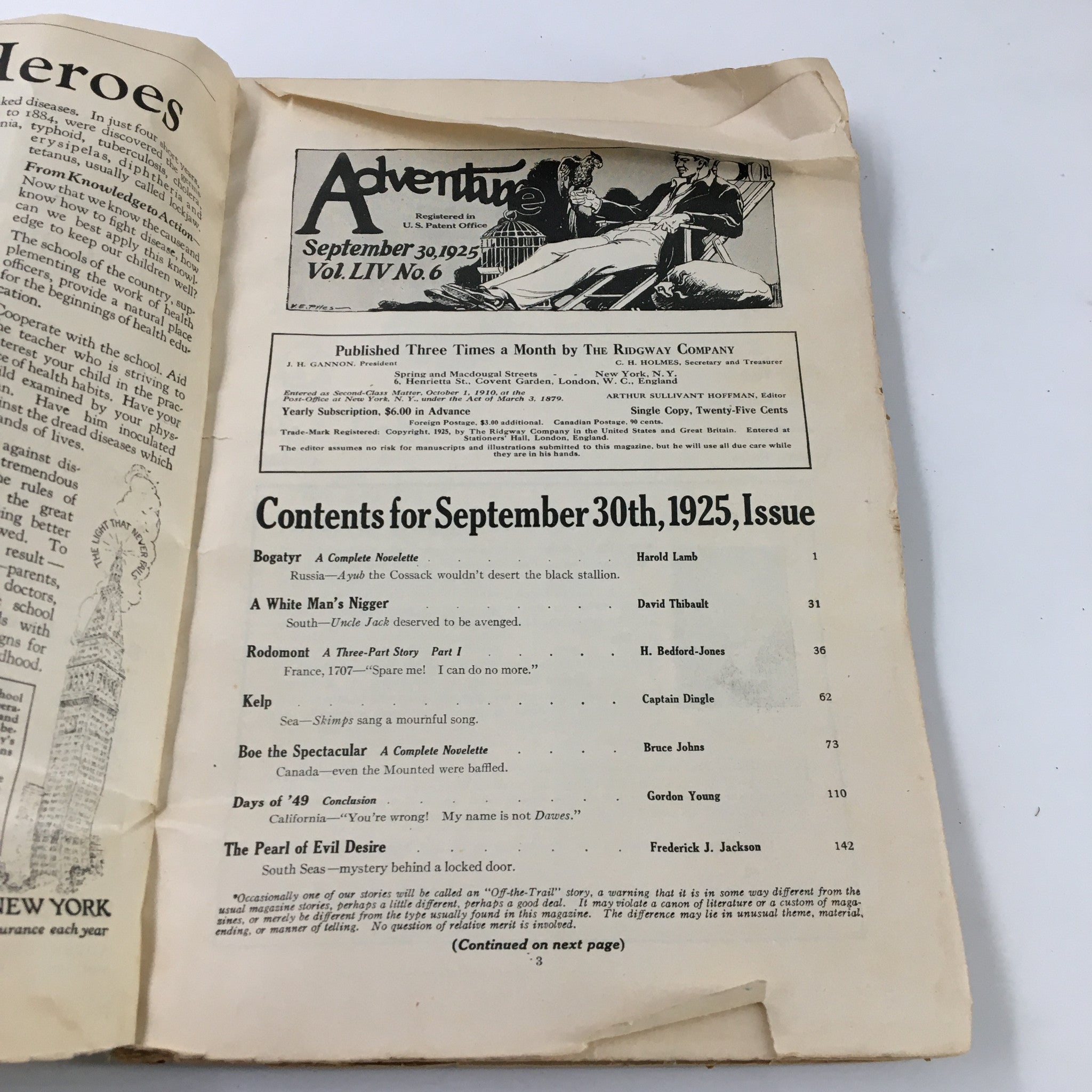 Interior page of VTG Adventure Magazine September 30 1925 showing the table of contents, featuring noteworthy works including 'A White Man's Nigger' and listing various authors.