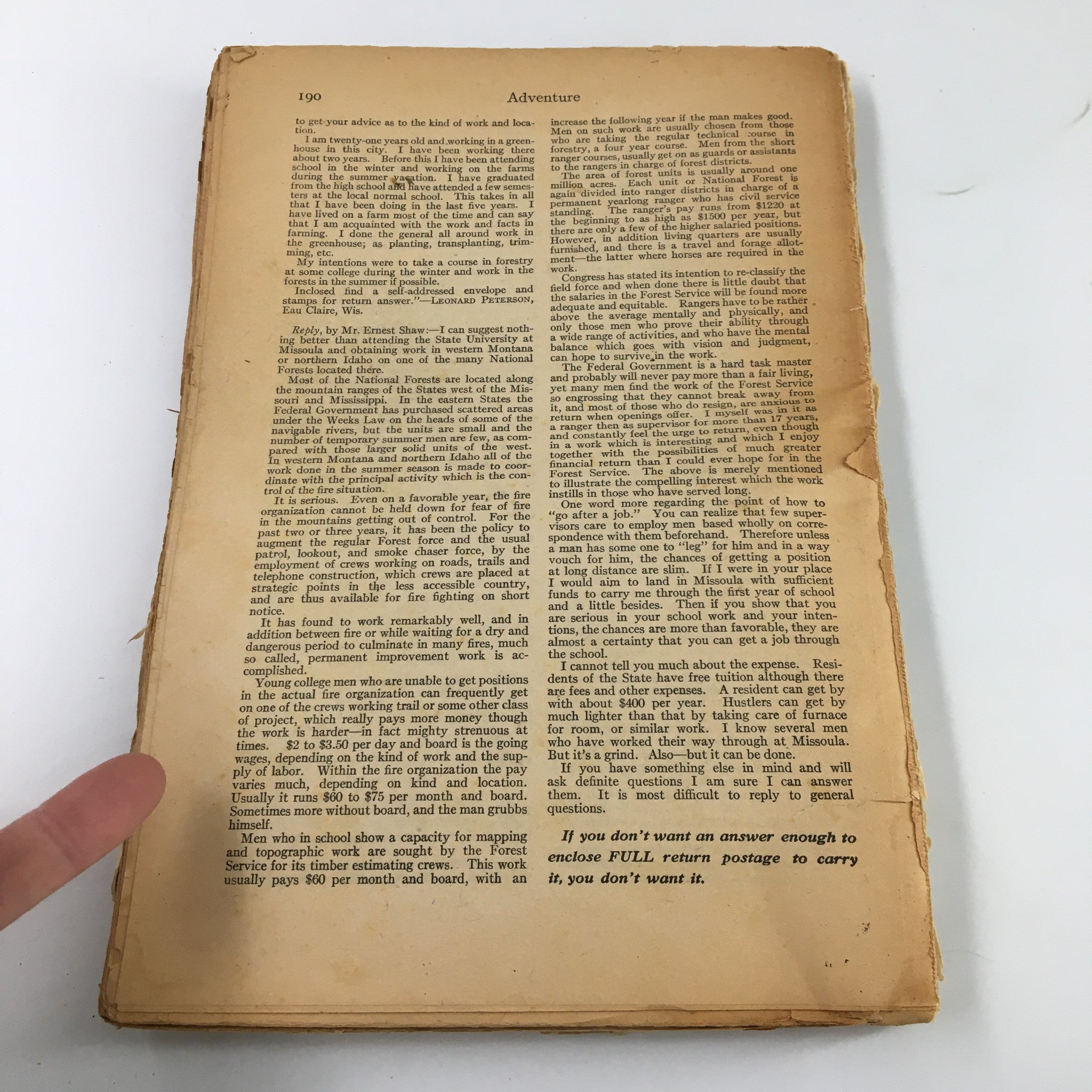 Back page of VTG Adventure Magazine September 30 1925, displaying text in faded print, illustrating the magazine's age and preserving its place in literary history.
