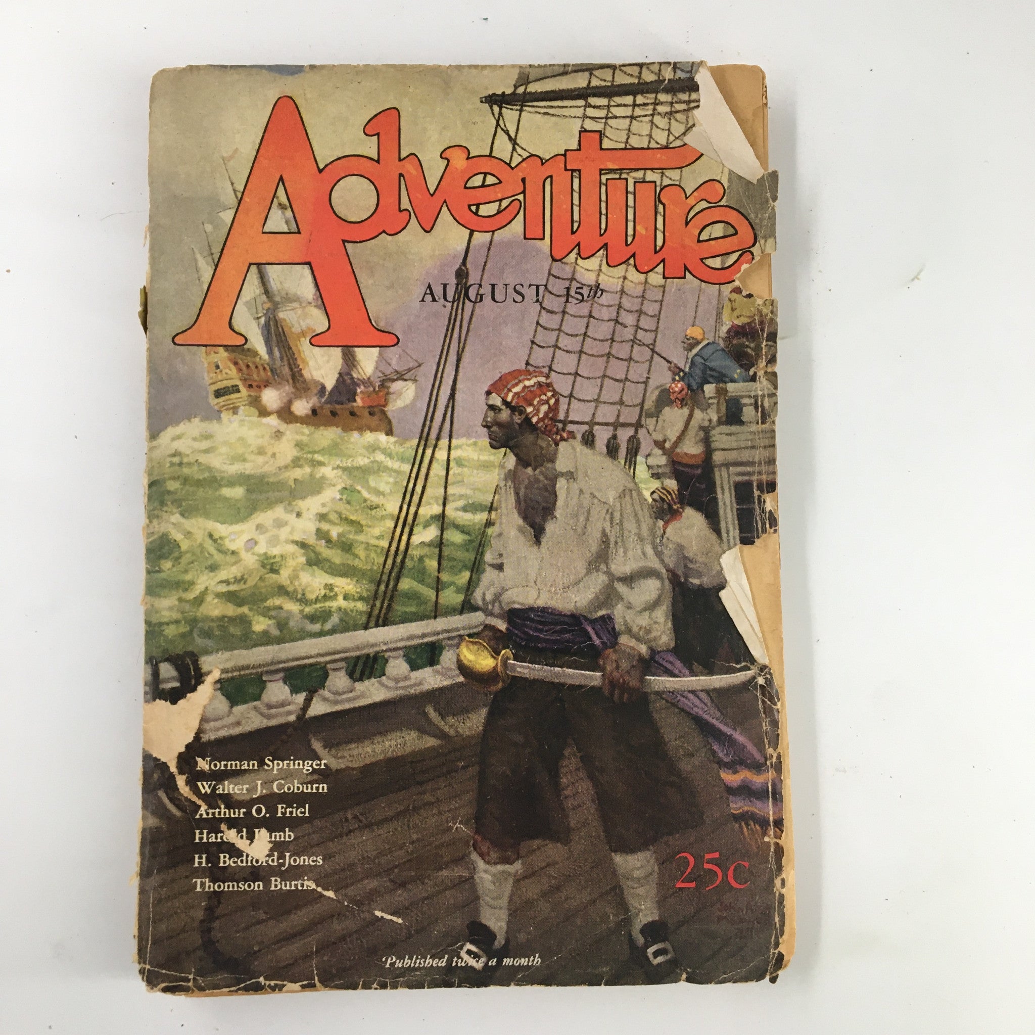 Cover image of VTG Adventure Magazine August 15 1927 featuring a pirate character amidst a dramatic sea adventure scene. This vintage magazine includes the complete novelette 'Brown Sees Rio' and showcases early 20th-century literature's thrilling storytelling.