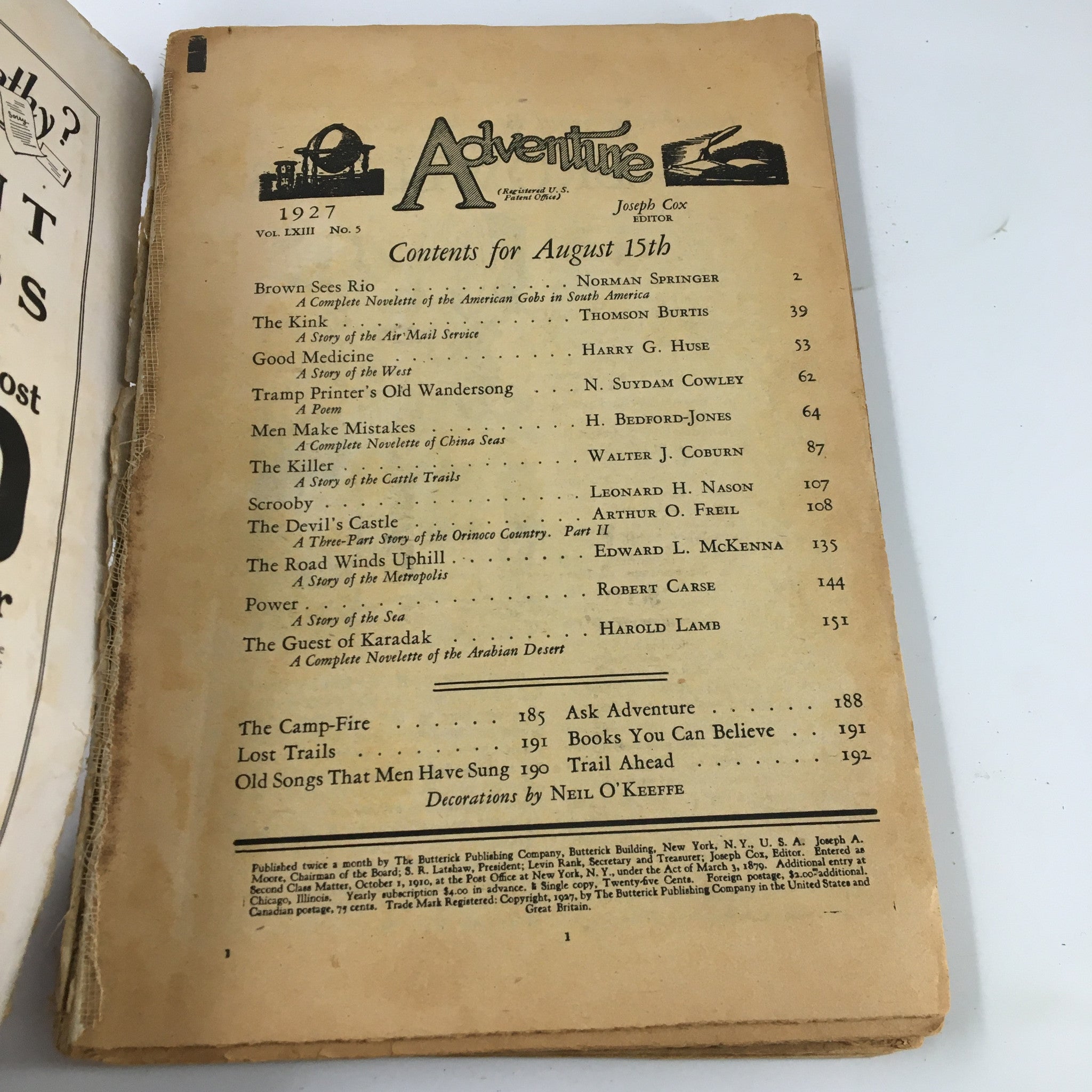 Contents page of VTG Adventure Magazine August 15 1927 detailing featured stories including 'Brown Sees Rio'.