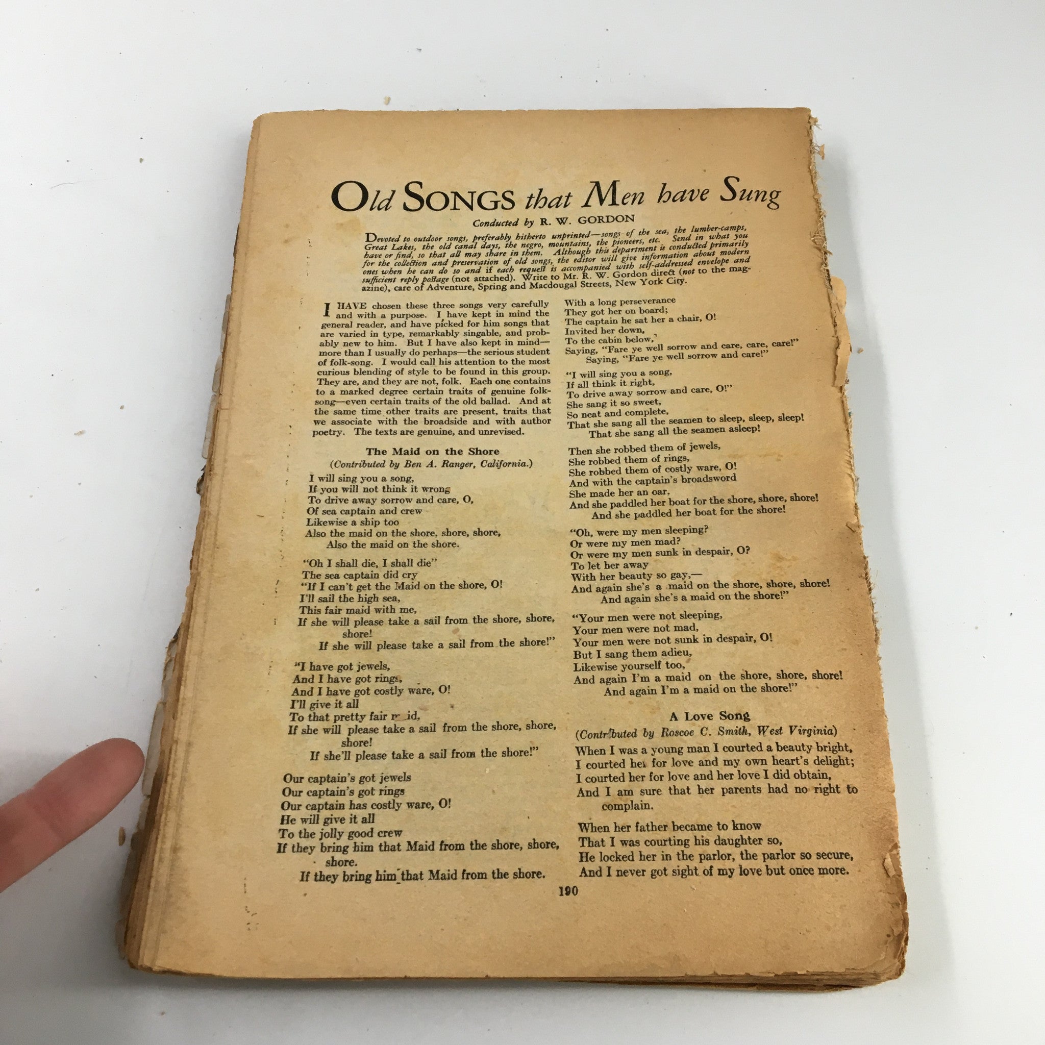 Page from VTG Adventure Magazine August 15 1927 titled 'Old Songs that Men have Sung' showcasing vintage literature.
