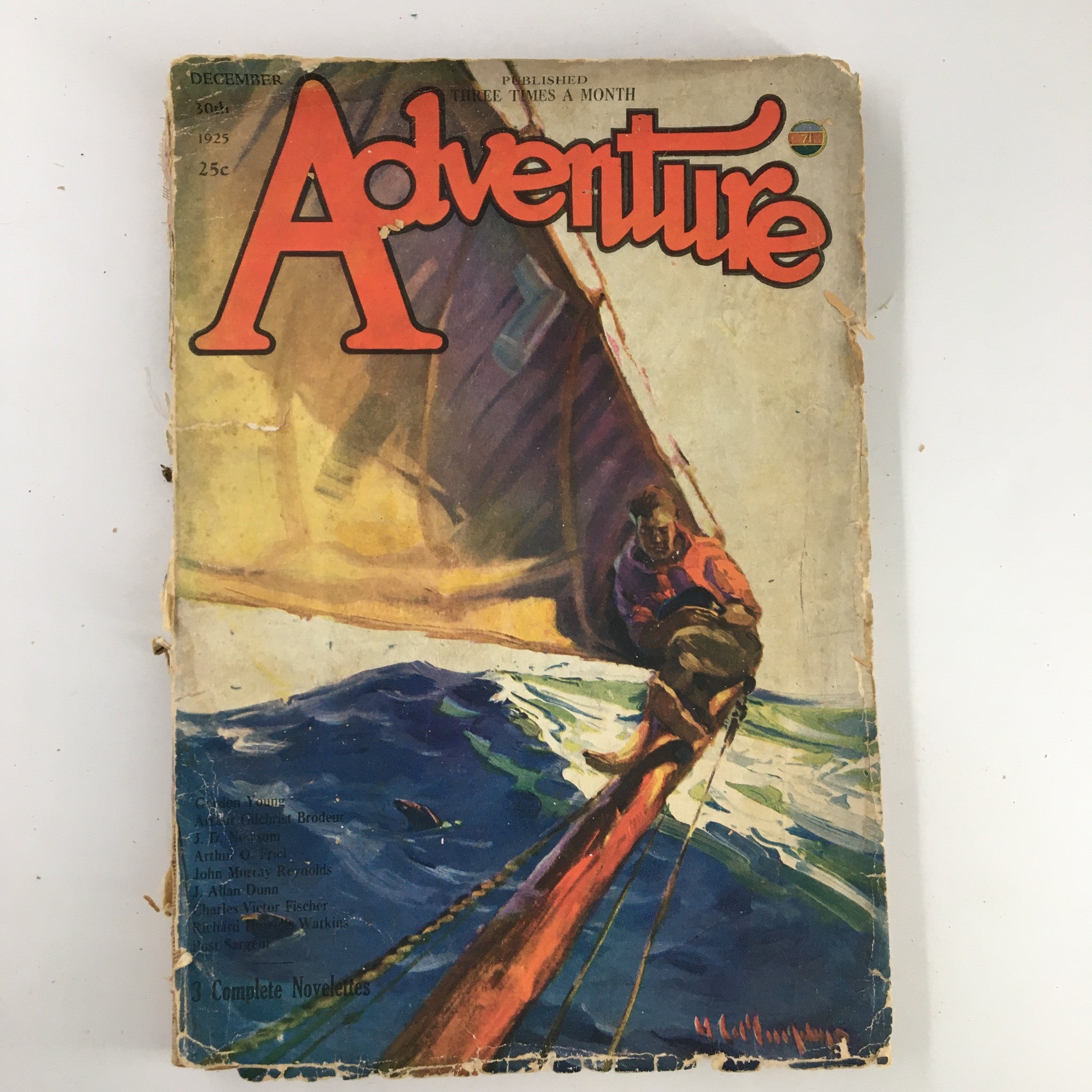 Cover of Adventure Magazine, December 30, 1925, featuring a sailor on a boat, highlighting the adventurous spirit of the era.