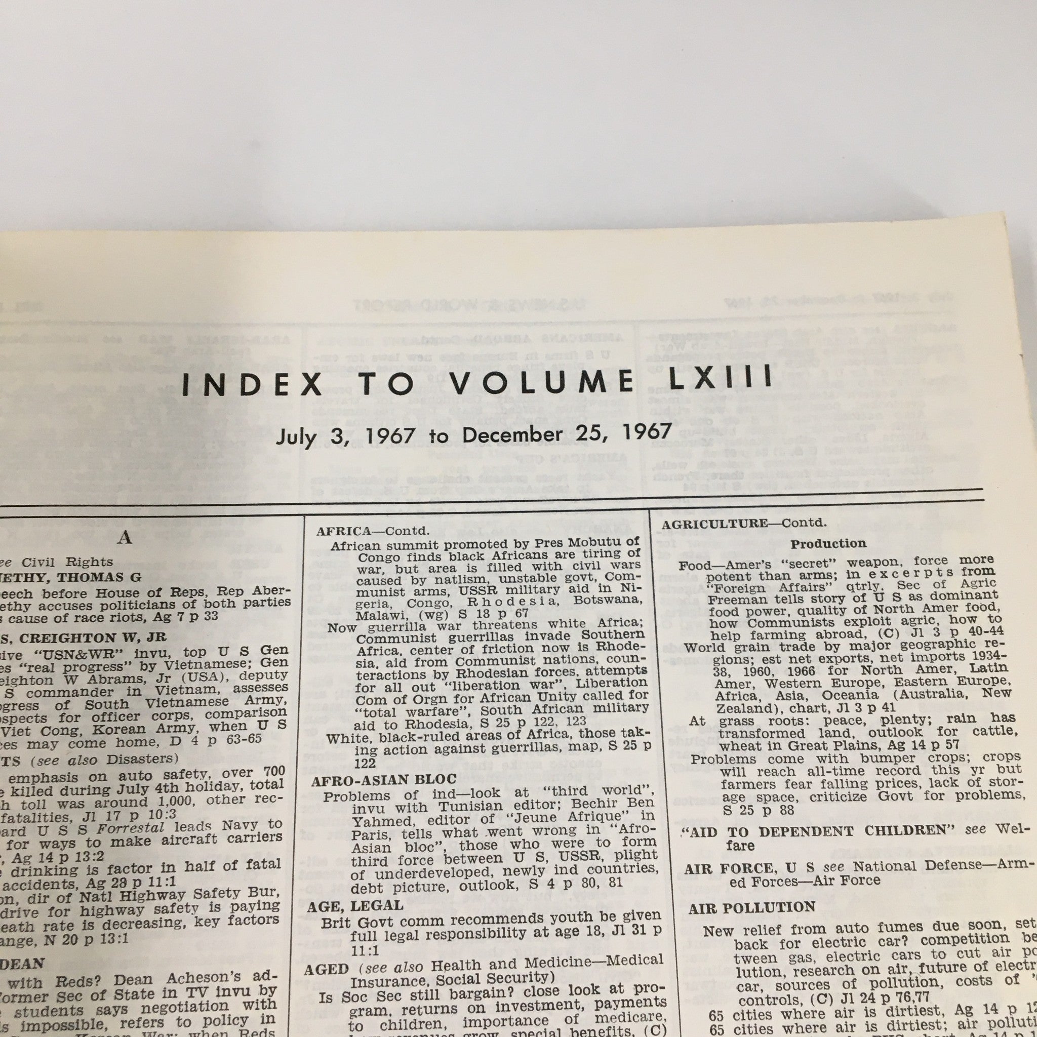 US News & World Report Magazine July 3 1967 Index to Volume LXIII No Label