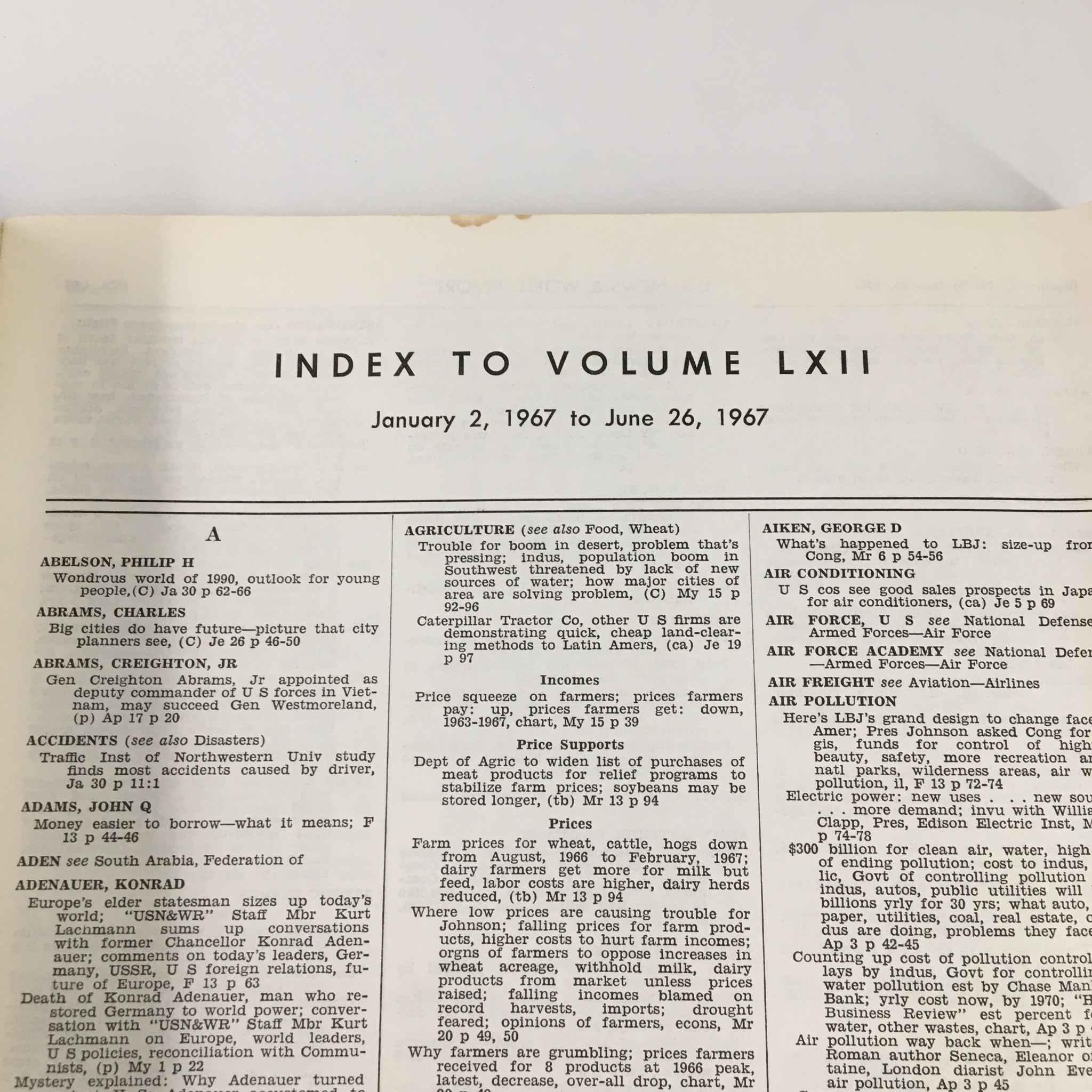 US News & World Report Magazine January 2 1967 Index to Volume LXII No Label