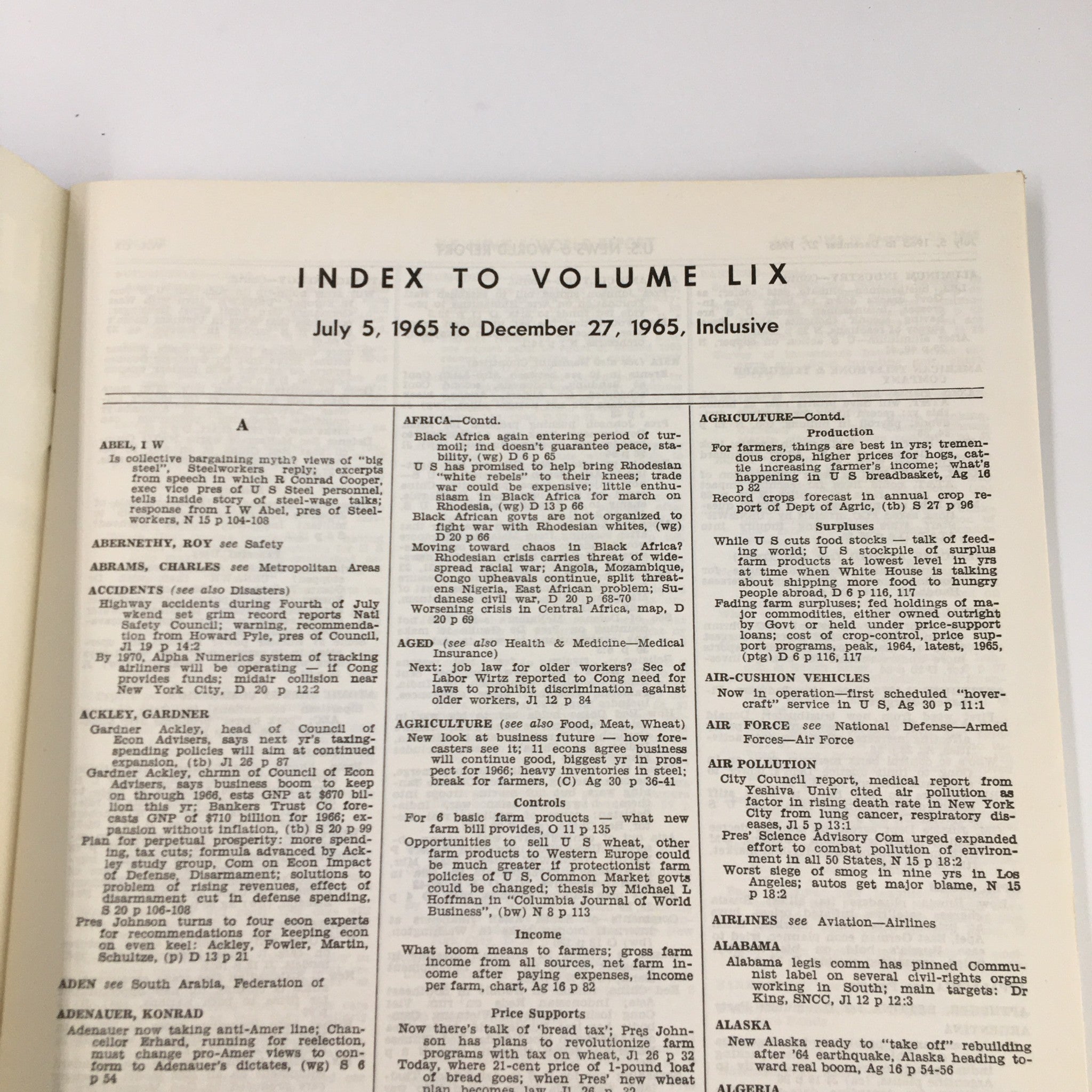 US News & World Report Magazine July 5 1965 Index to Volume LIX No Label