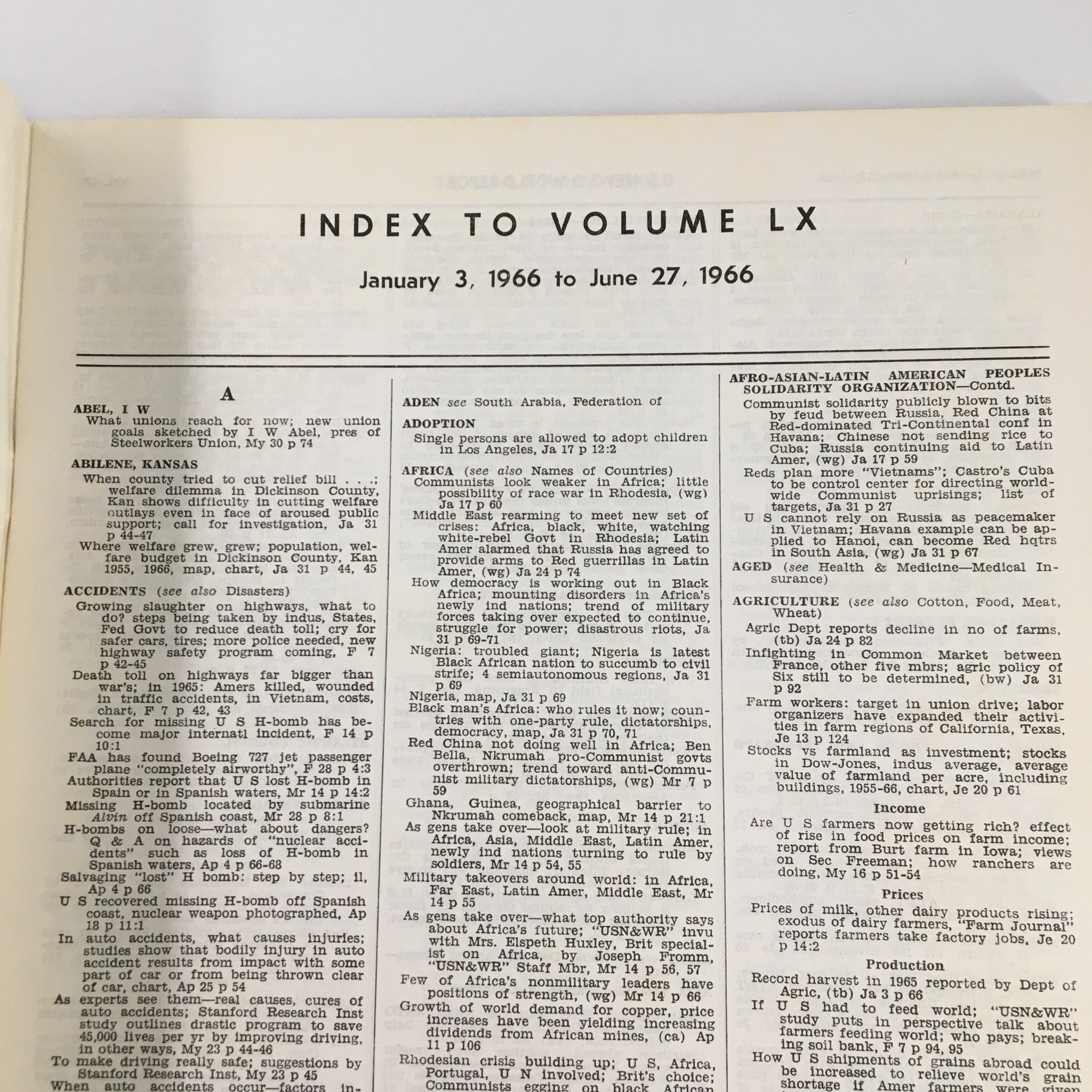 US News & World Report Magazine January 3 1966 Index to Volume LX No Label