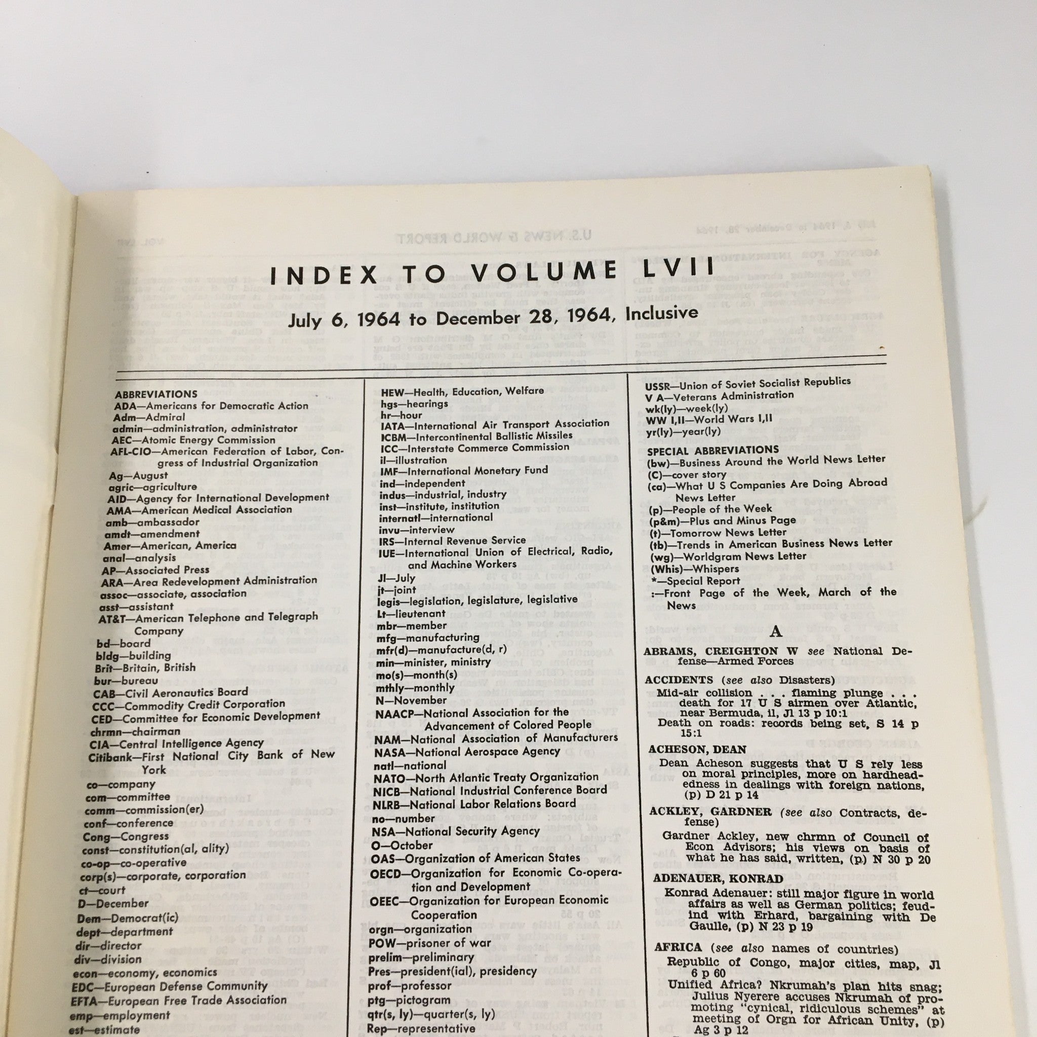 US News & World Report Magazine July 6 1964 Index to Volume LVII No Label