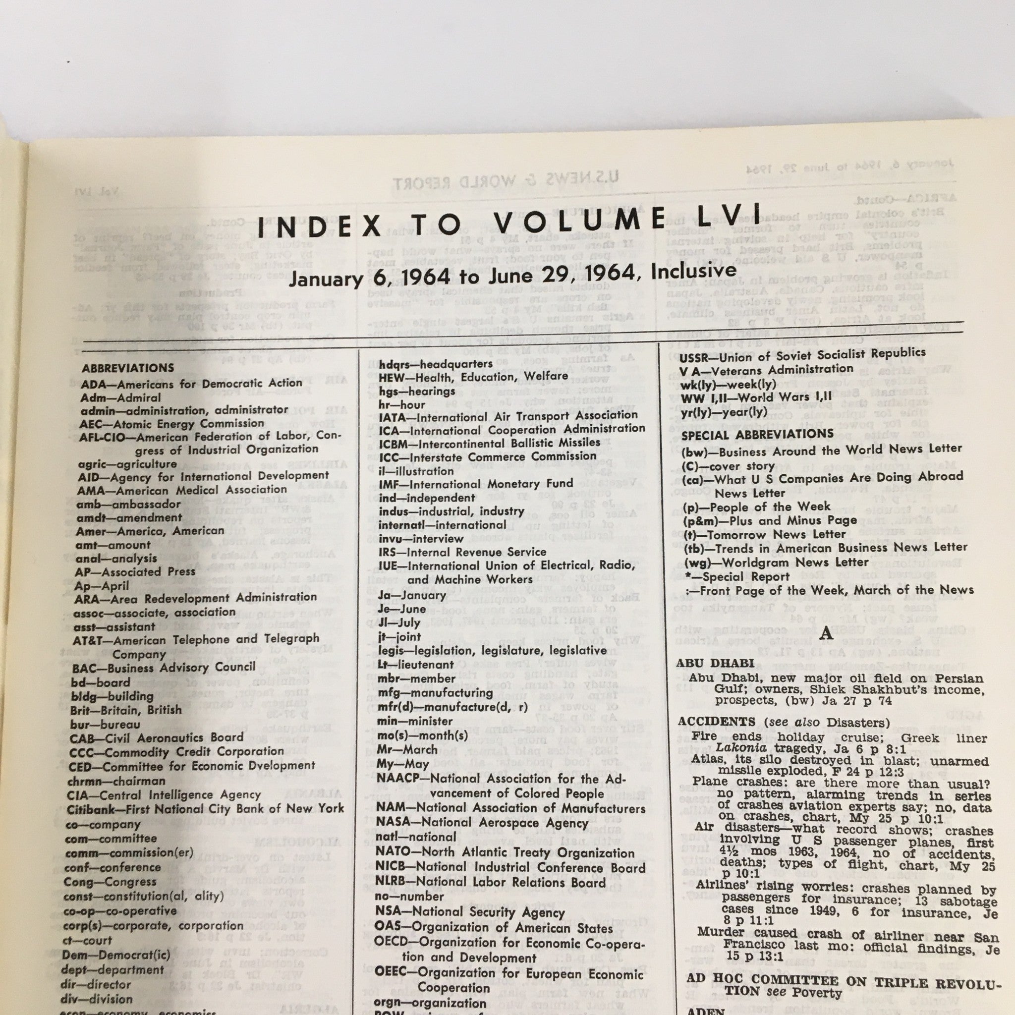 US News & World Report Magazine January 6 1964 Index to Volume LVI No Label