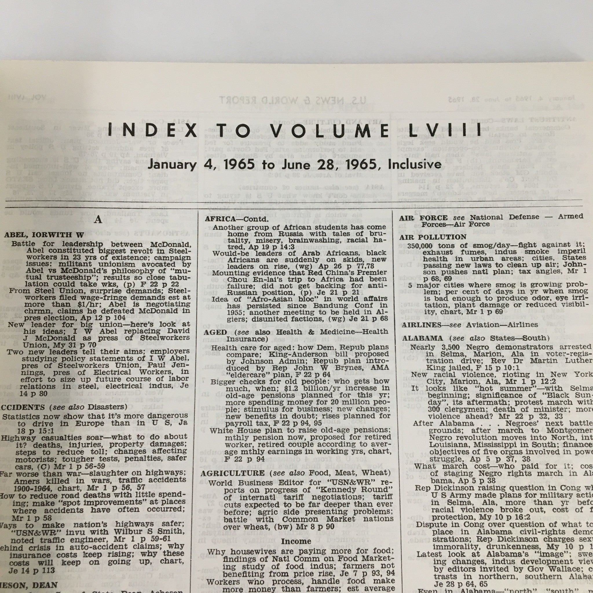 US News & World Report Magazine January 4 1965 Index to Volume LVIII No Label