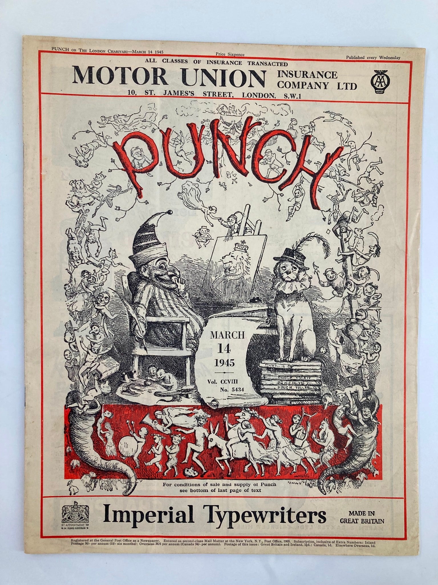 VTG Punch Magazine March 14 1945 #5434 Vol 208 WWII Cartoon & Humour