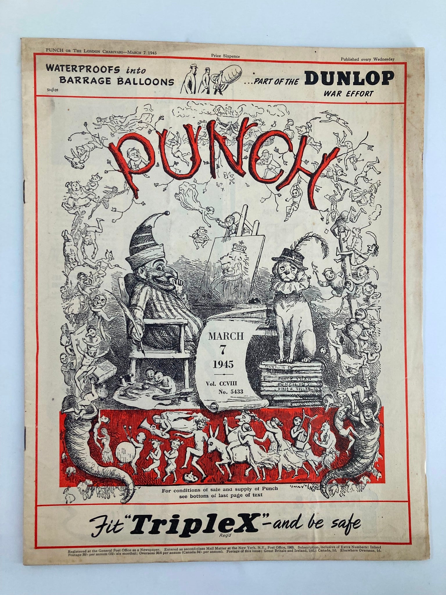 VTG Punch Magazine March 7 1945 #5433 Vol 208 WWII Cartoon & Humour