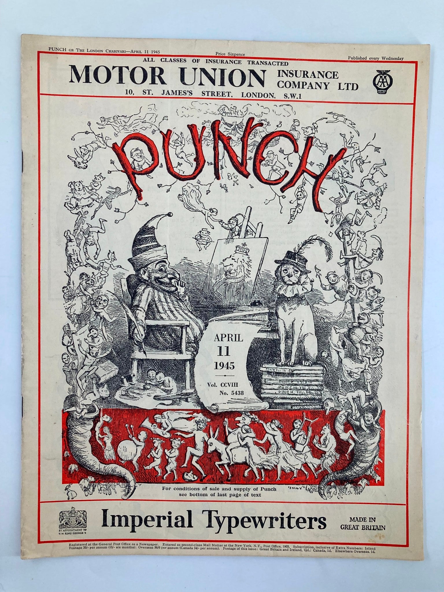 VTG Punch Magazine April 11 1945 #5438 Vol 208 WWII Cartoon & Humour