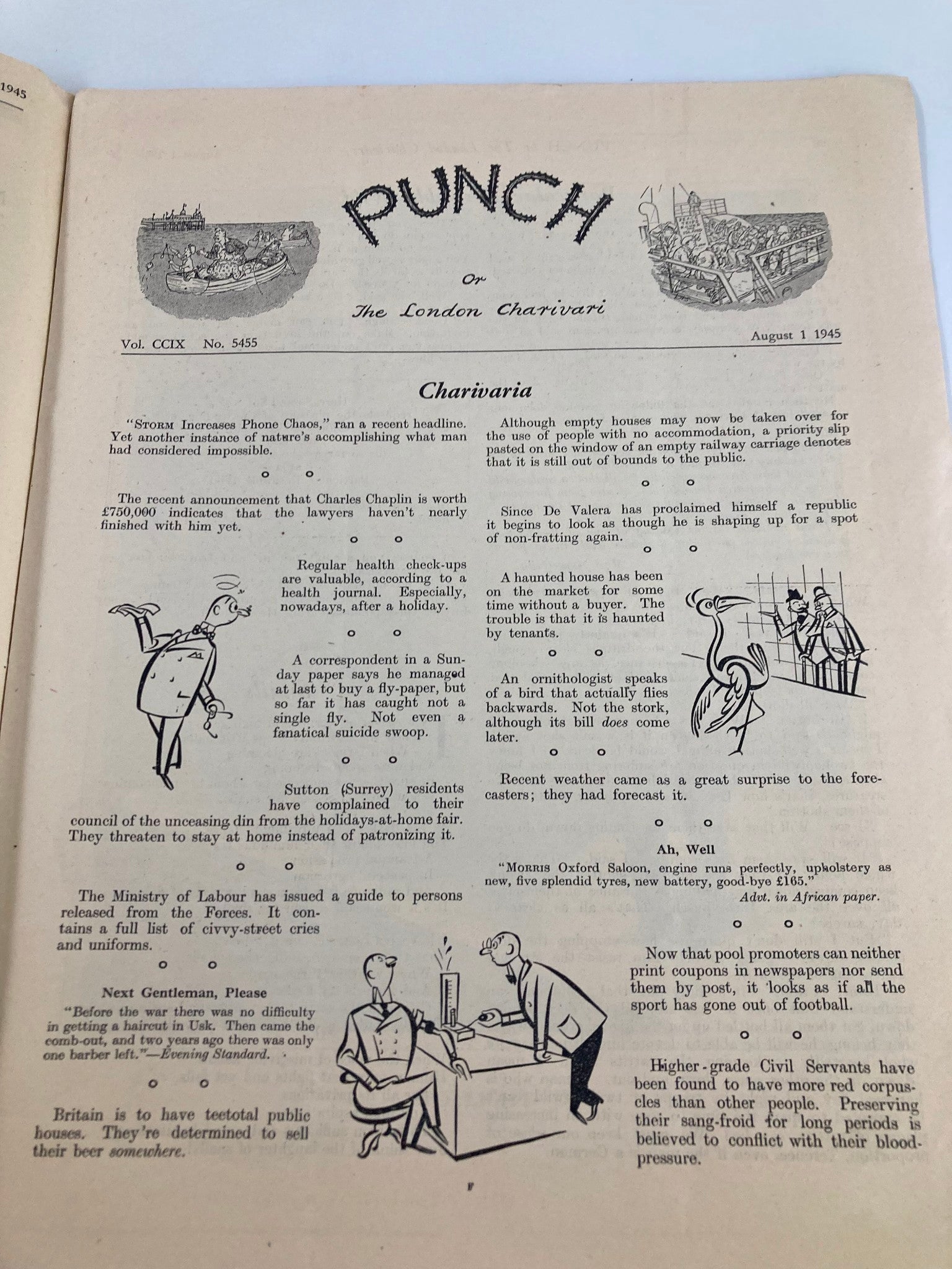 VTG Punch Magazine August 1 1945 #5455 Vol 209 WWII Cartoon & Humour