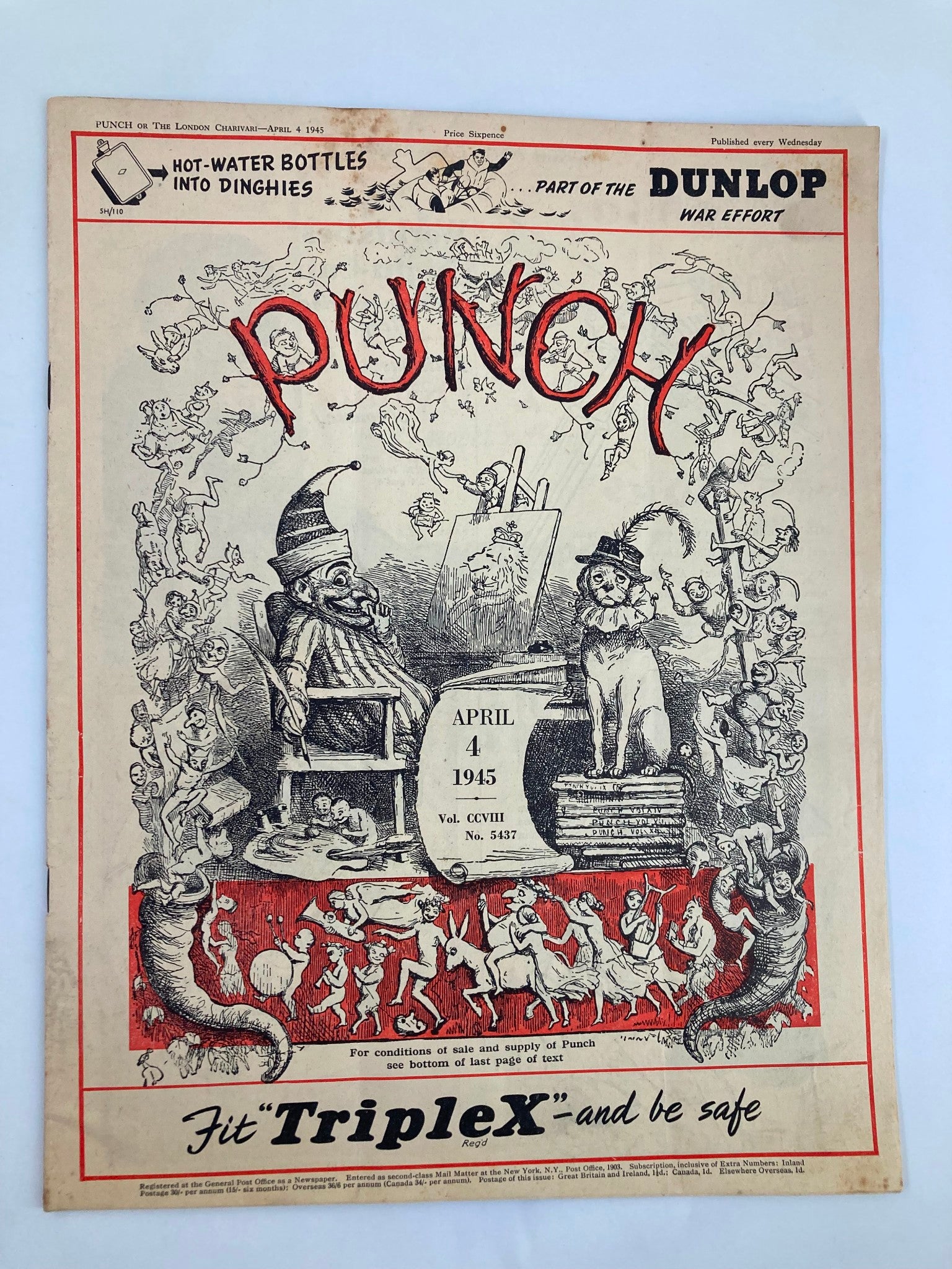 VTG Punch Magazine April 4 1945 #5437 Vol 208 WWII Cartoon & Humour