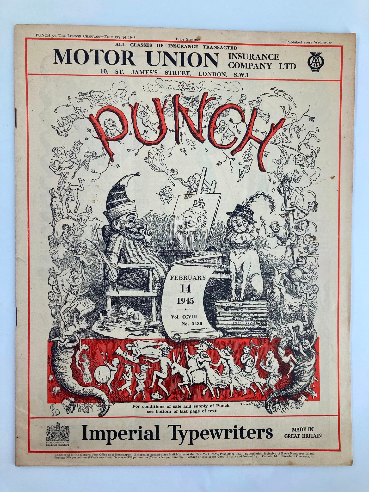 VTG Punch Magazine February 14 1945 #5430 Vol 208 WWII Cartoon & Humour