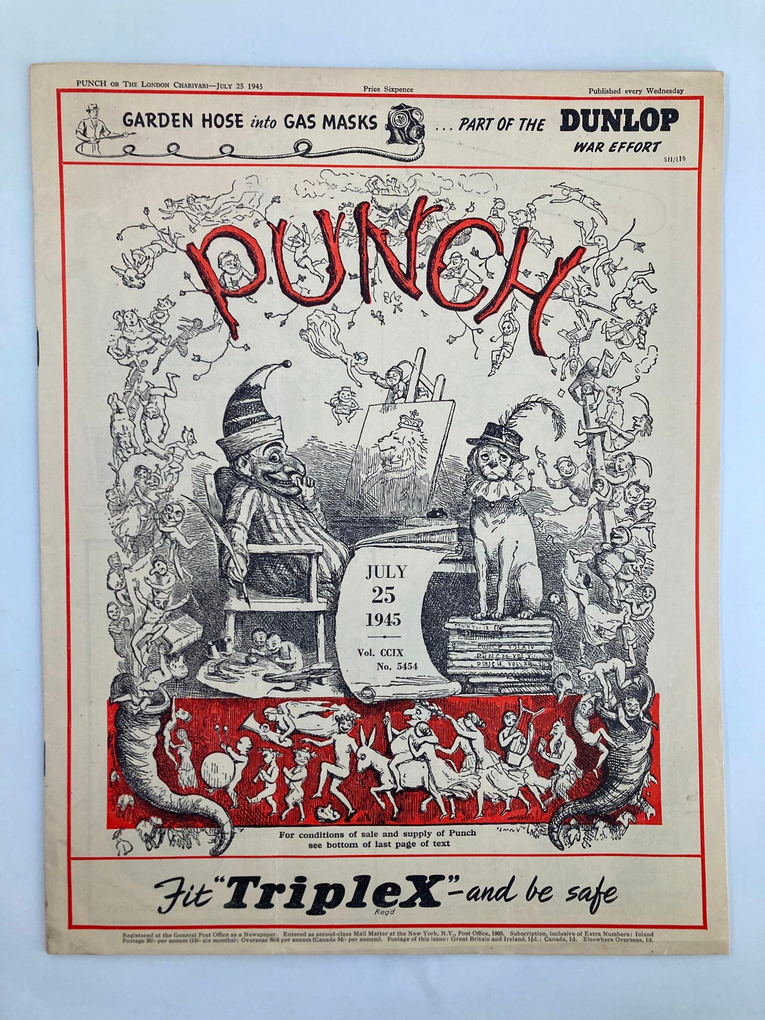 VTG Punch Magazine July 25 1945 #5454 Vol 209 WWII Cartoon & Humour