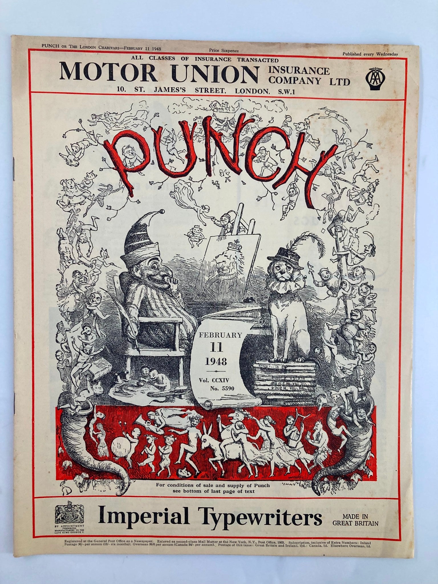 VTG Punch Magazine February 11 1948 #5590 Vol 214 WWII Cartoon & Humour