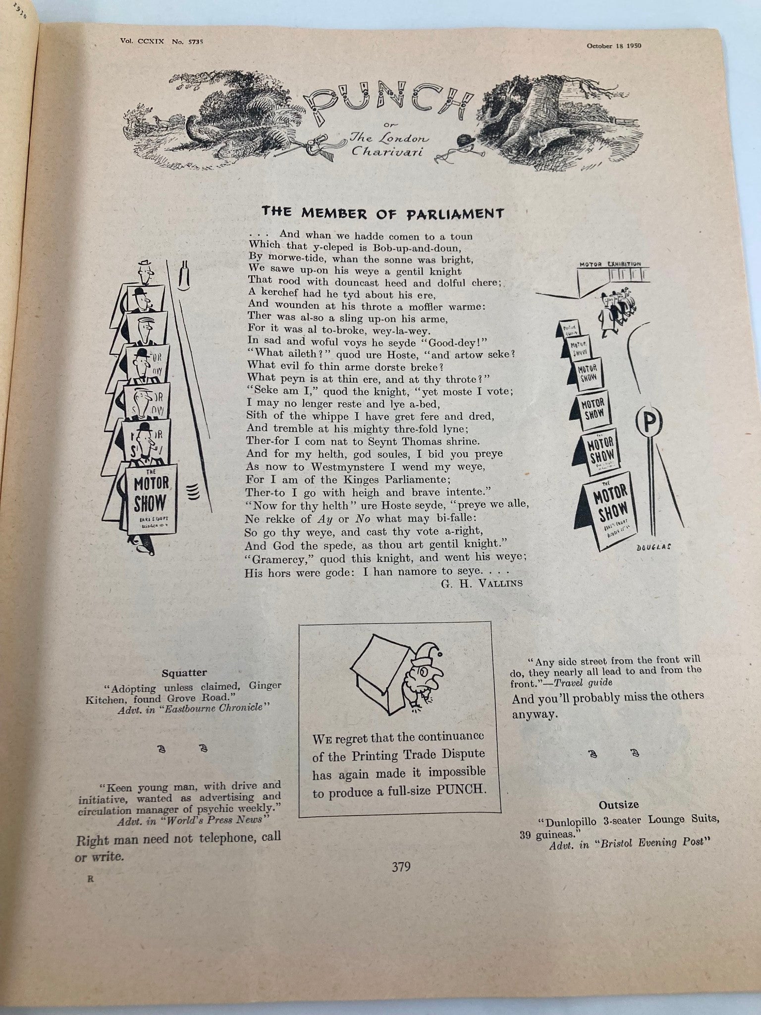 VTG Punch Magazine October 18 1950 #5735 Vol 219 WWII Cartoon & Humour