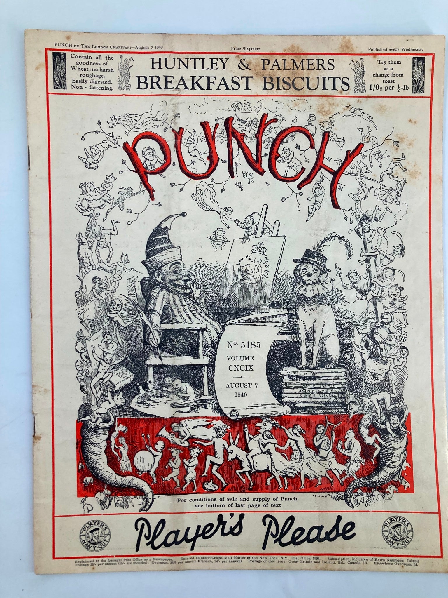 VTG Punch Magazine August 7 1940 #5185 Vol 197 WWII Cartoon & Humour