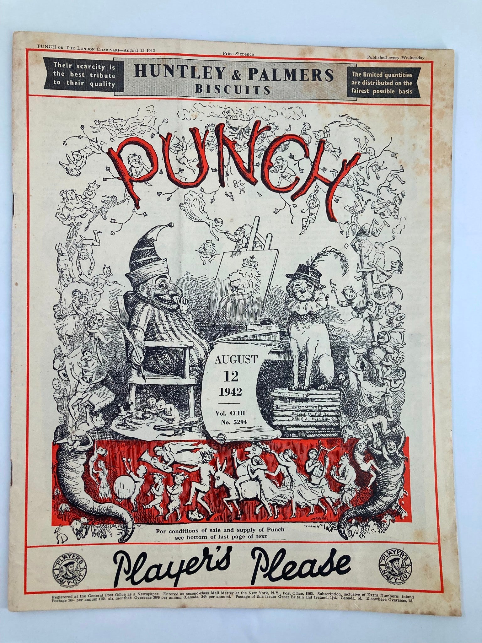 VTG Punch Magazine August 12 1942 #5294 Vol 103 WWII Cartoon & Humour