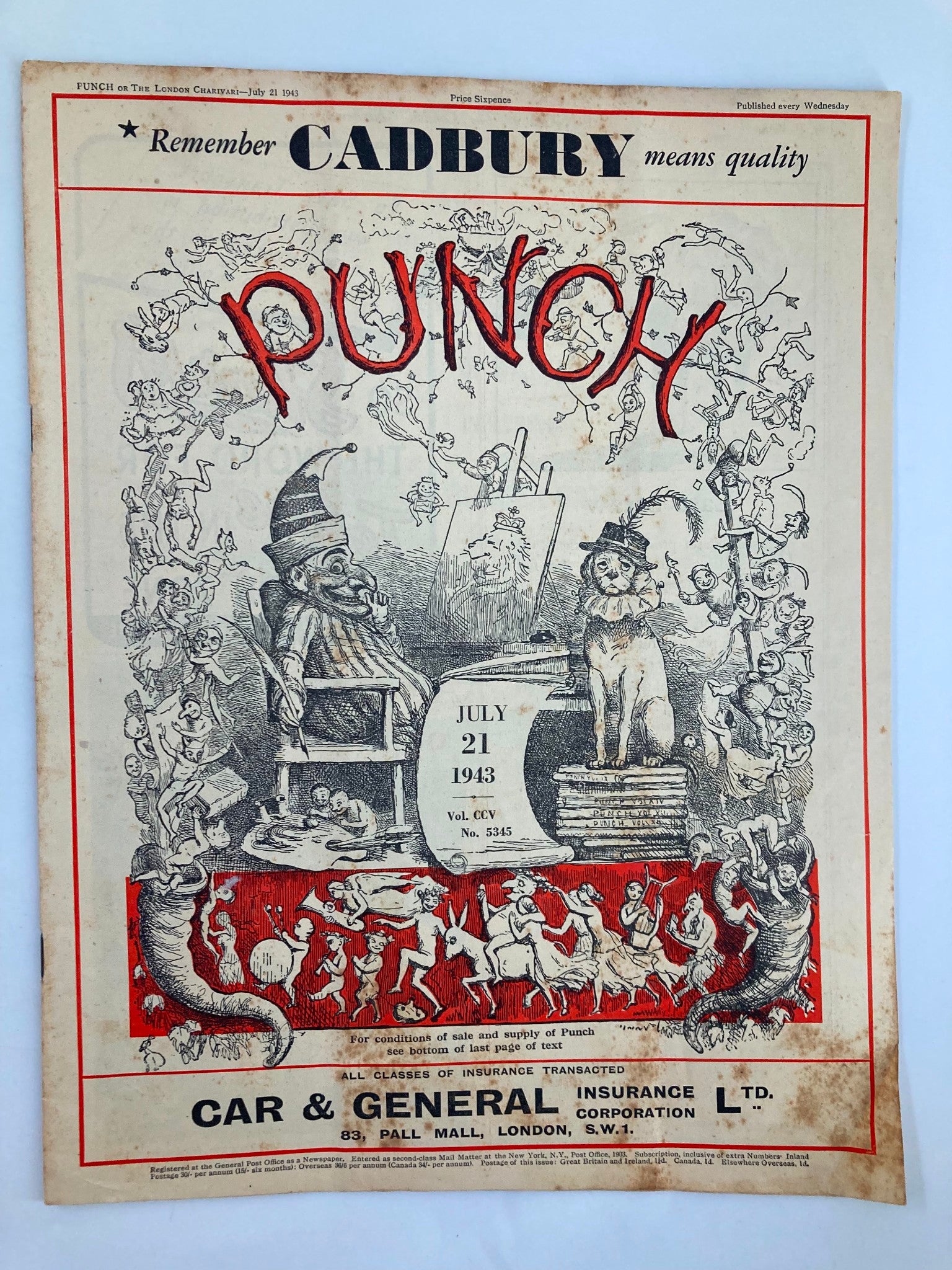 VTG Punch Magazine July 21 1943 #5345 Vol 105 WWII Cartoon & Humour