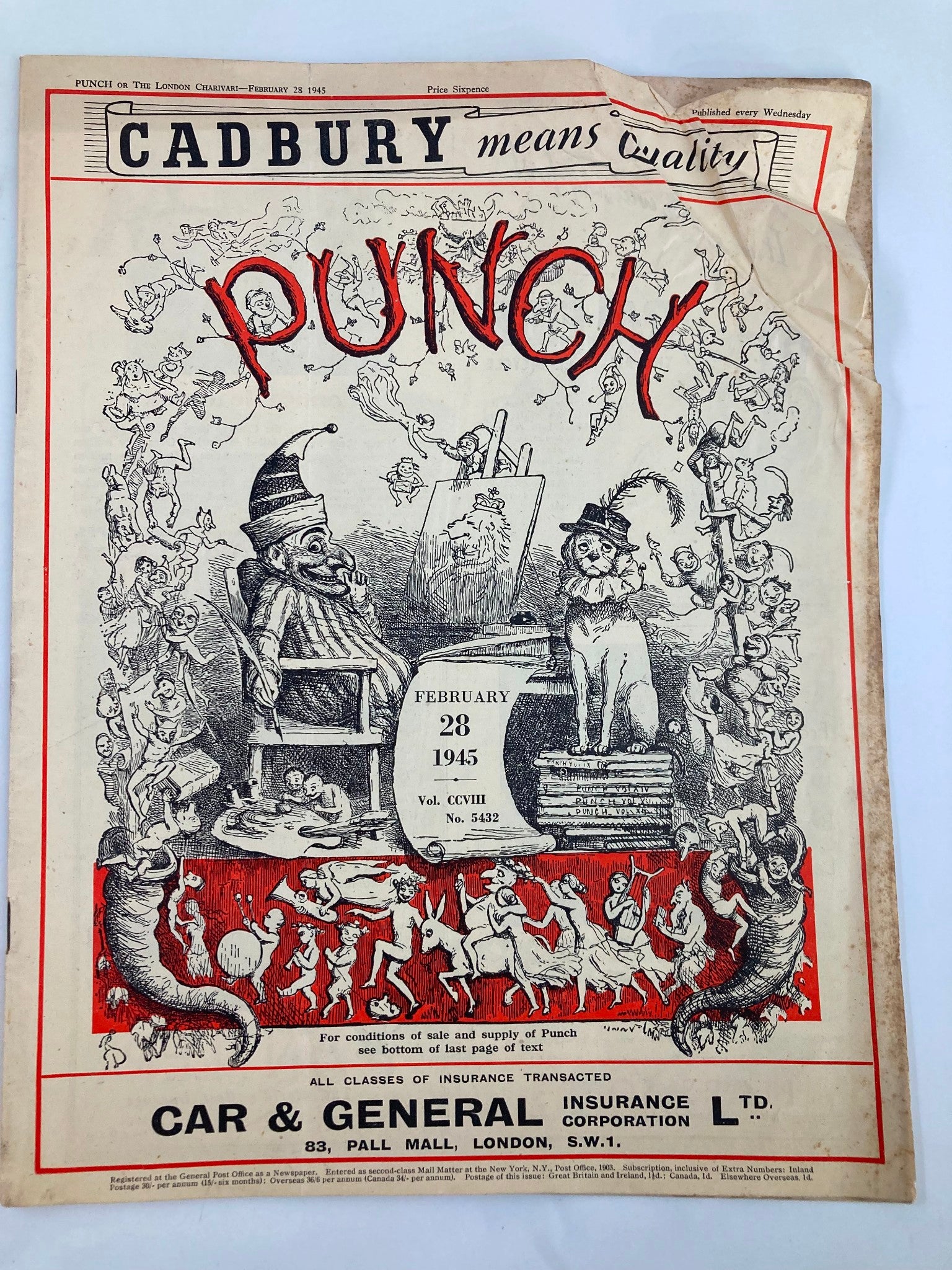 VTG Punch Magazine February 28 1945 #5432 Vol 108 WWII Cartoon & Humour