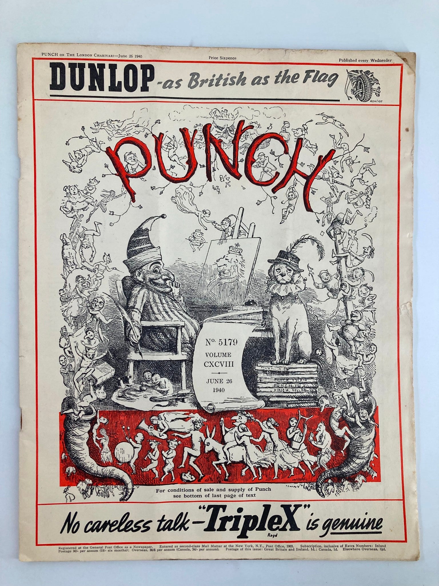 VTG Punch Magazine June 26 1940 #5179 Vol 198 WWII Cartoon & Humour