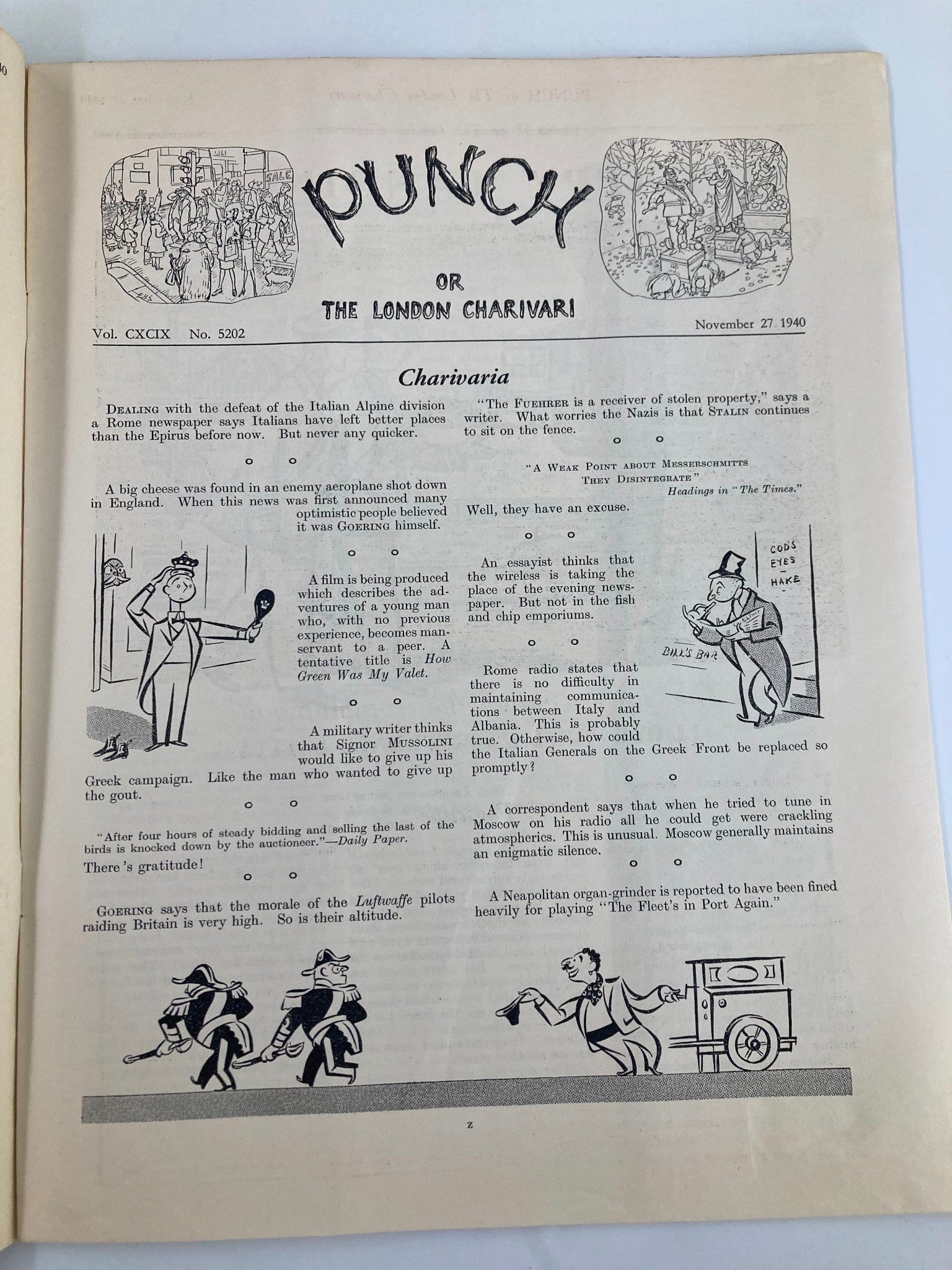 VTG Punch Magazine November 27 1940 #5202 Vol 199 WWII Cartoon & Humour