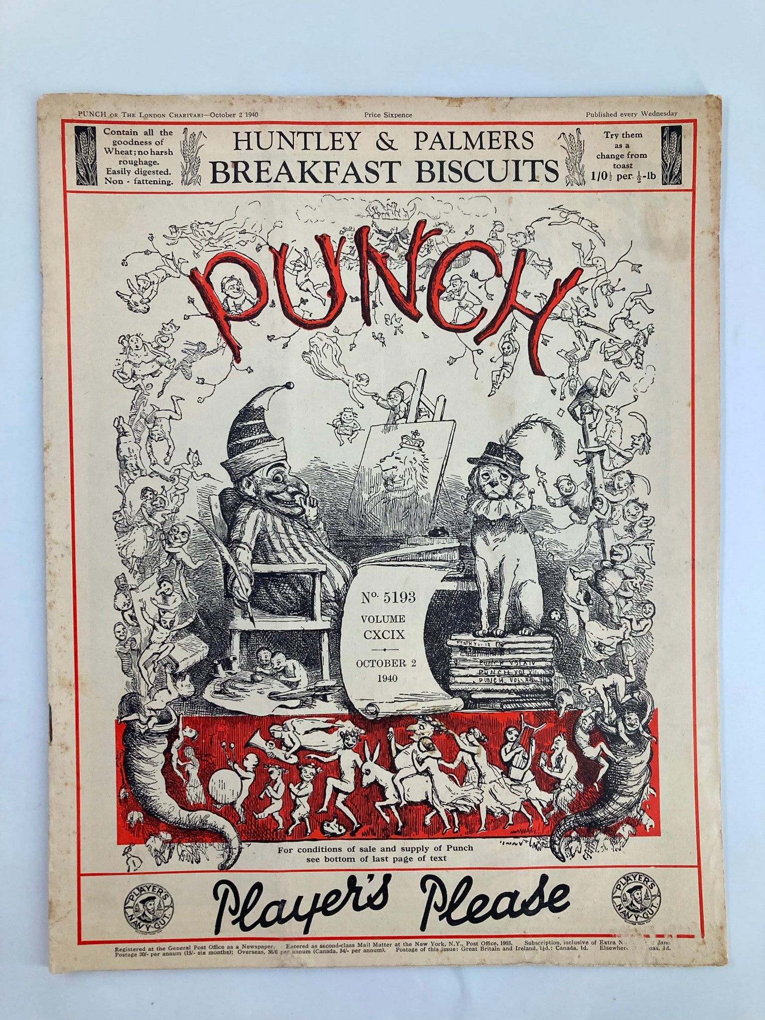 VTG Punch Magazine October 2 1940 #5193 Vol 199 WWII Cartoon & Humour