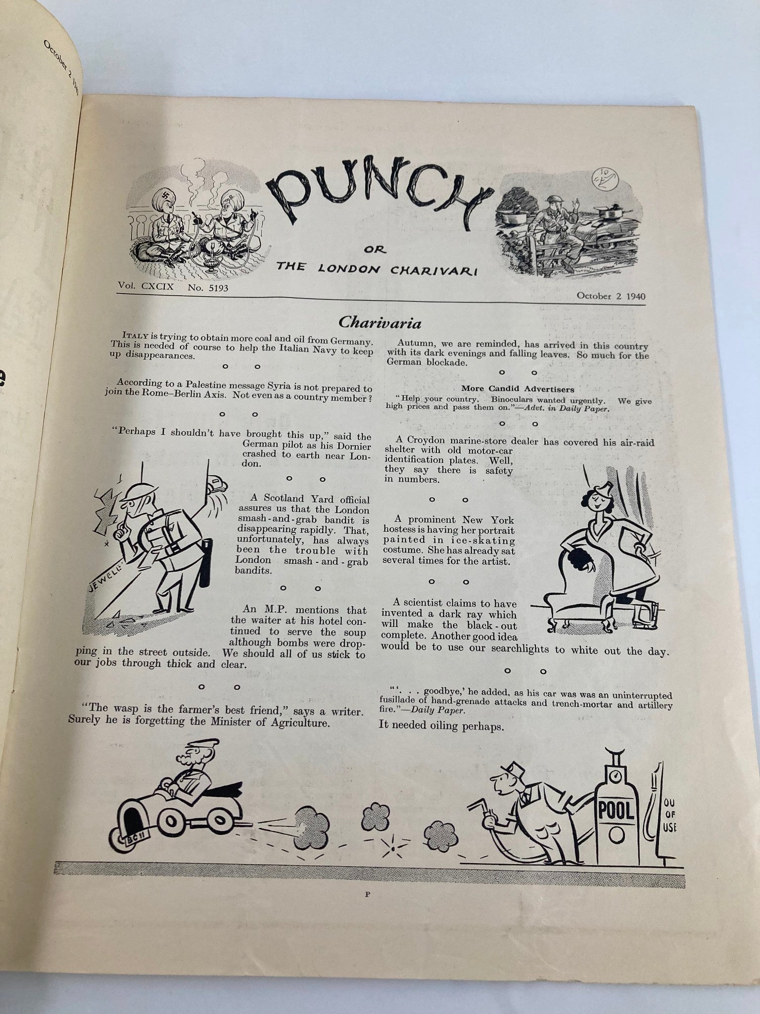 VTG Punch Magazine October 2 1940 #5193 Vol 199 WWII Cartoon & Humour