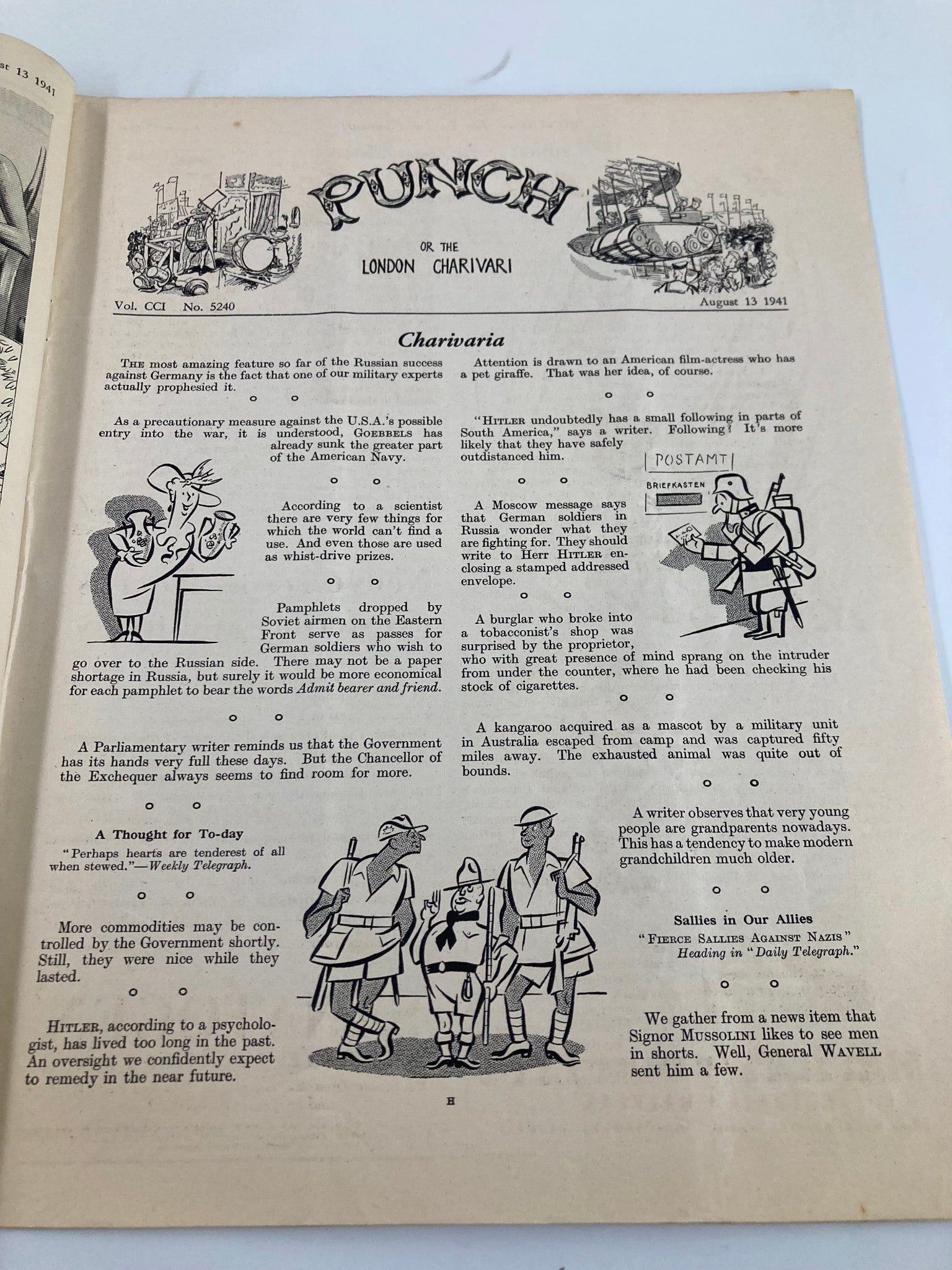 VTG Punch Magazine August 13 1941 #5240 Vol 201 WWII Cartoon & Humour